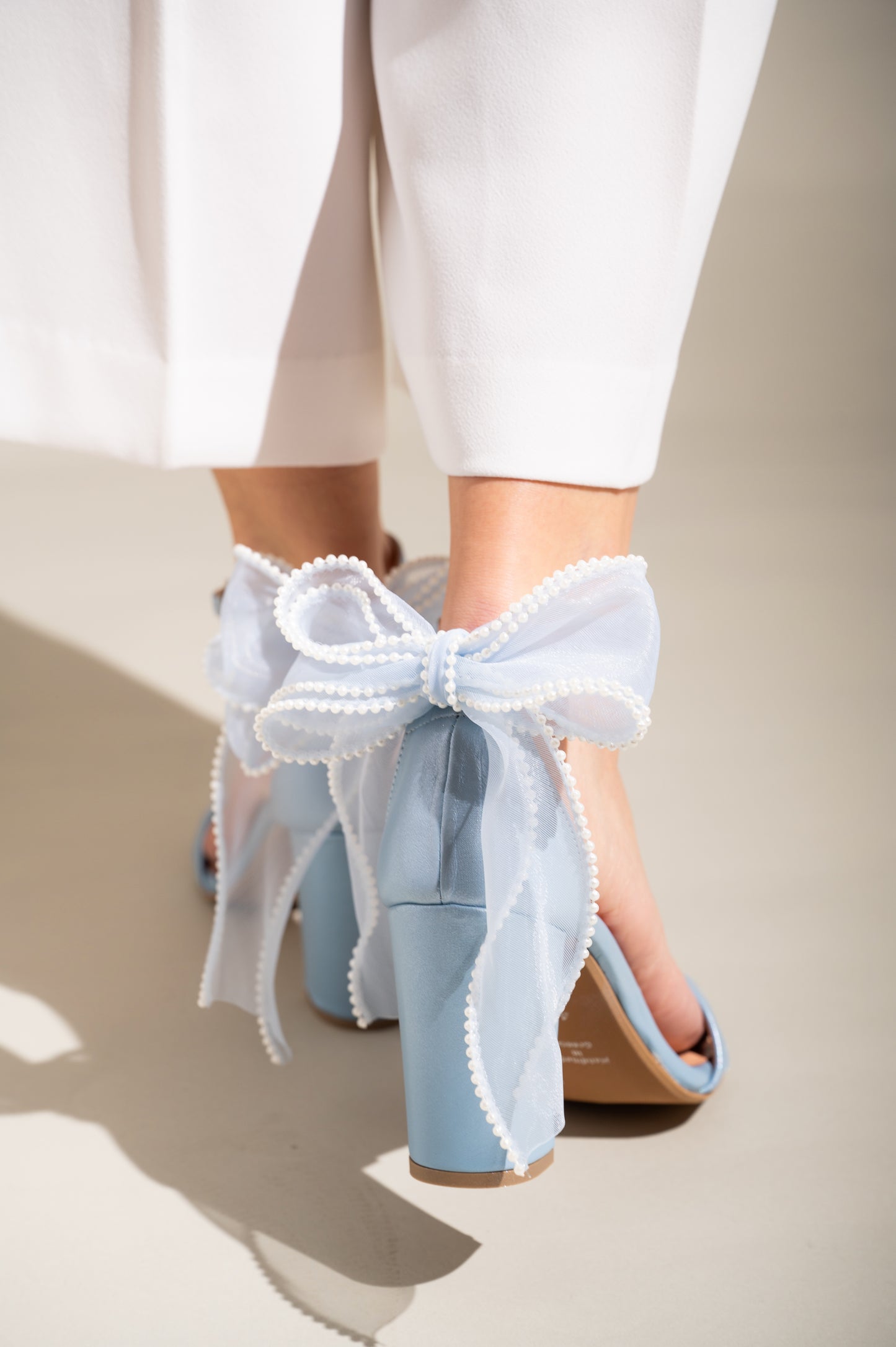 Blue Leather Block Heel Sandals with ORGANZA BACK BOW, Rise above the Waves - PinkyPromiseAccs