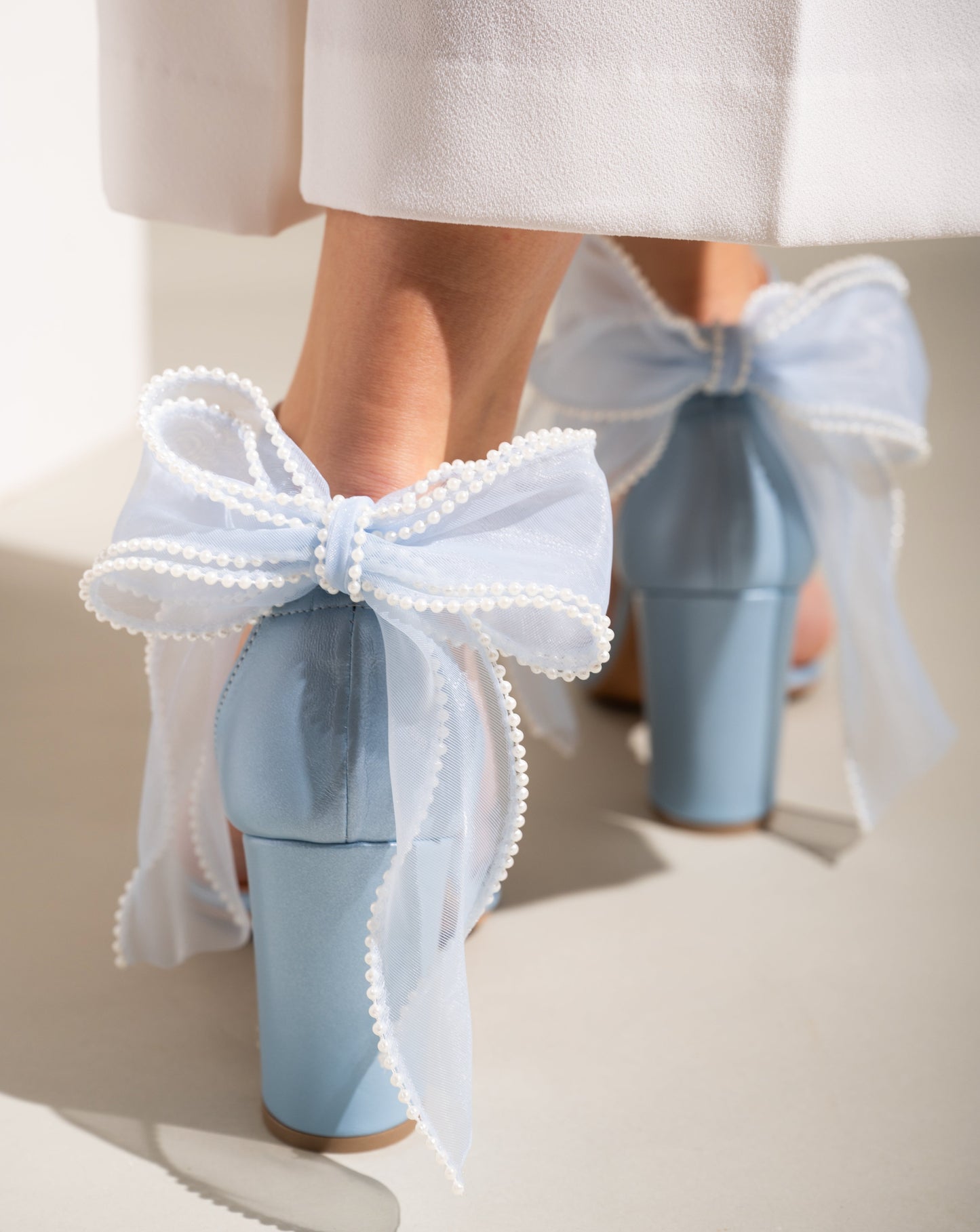 Blue Leather Block Heel Sandals with ORGANZA BACK BOW, Rise above the Waves - PinkyPromiseAccs