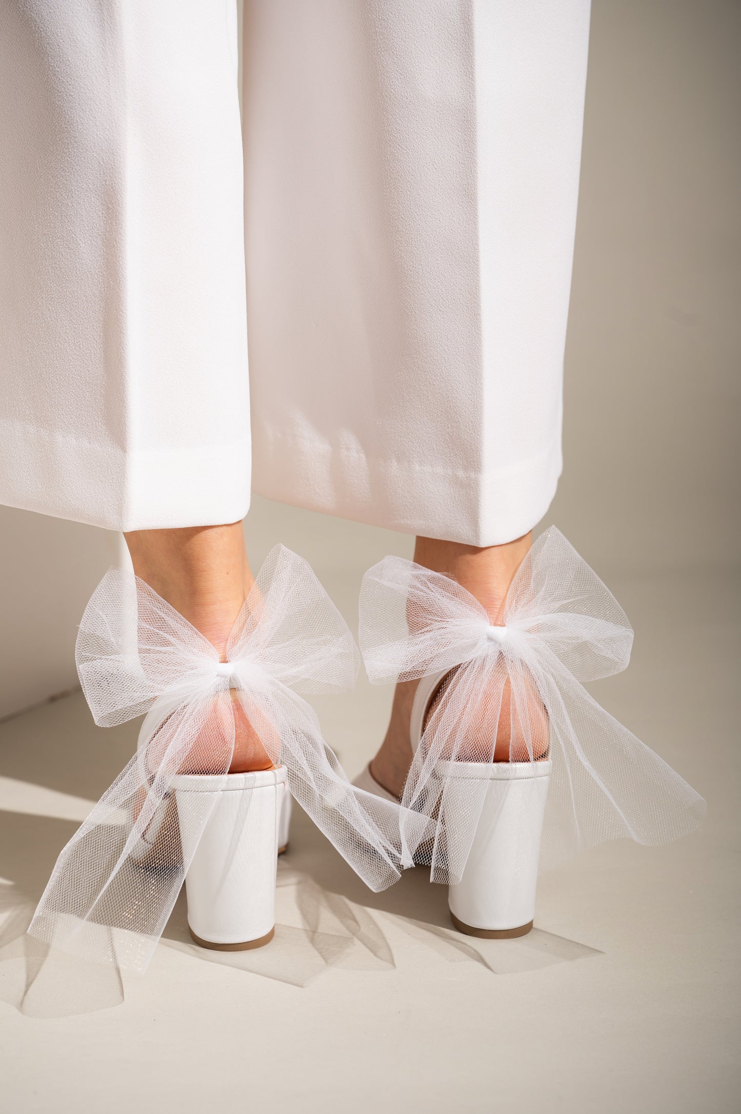 White Bow Wedding Shoes, Tulle Knot Charm - PinkyPromiseAccs