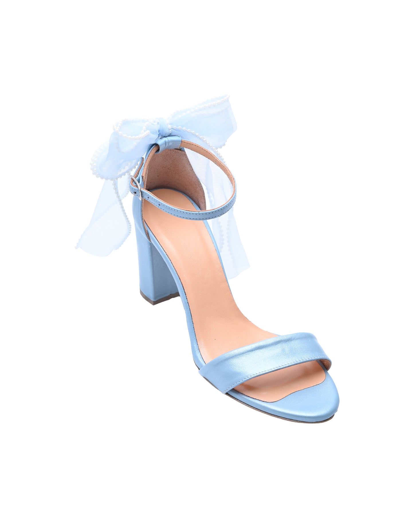 Blue Leather Block Heel Sandals with ORGANZA BACK BOW, Rise above the Waves - PinkyPromiseAccs