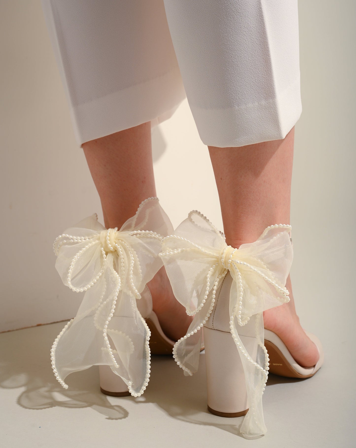 Ivory Leather Block Heel Sandals with ORGANZA BACK BOW, Rise above the Waves - PinkyPromiseAccs