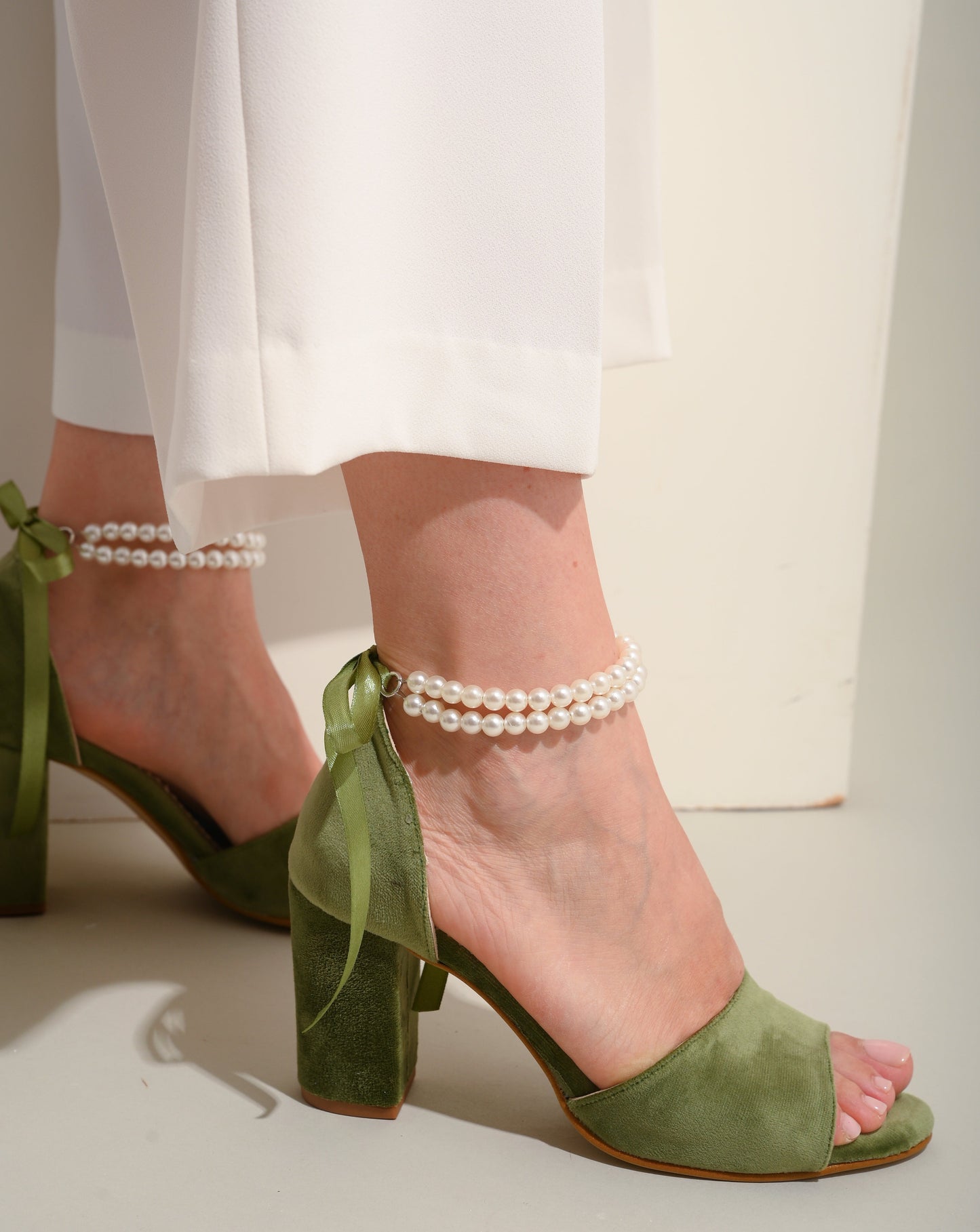 Sage Green Bridal Shoes, Pearl Velvet Bliss - PinkyPromiseAccs