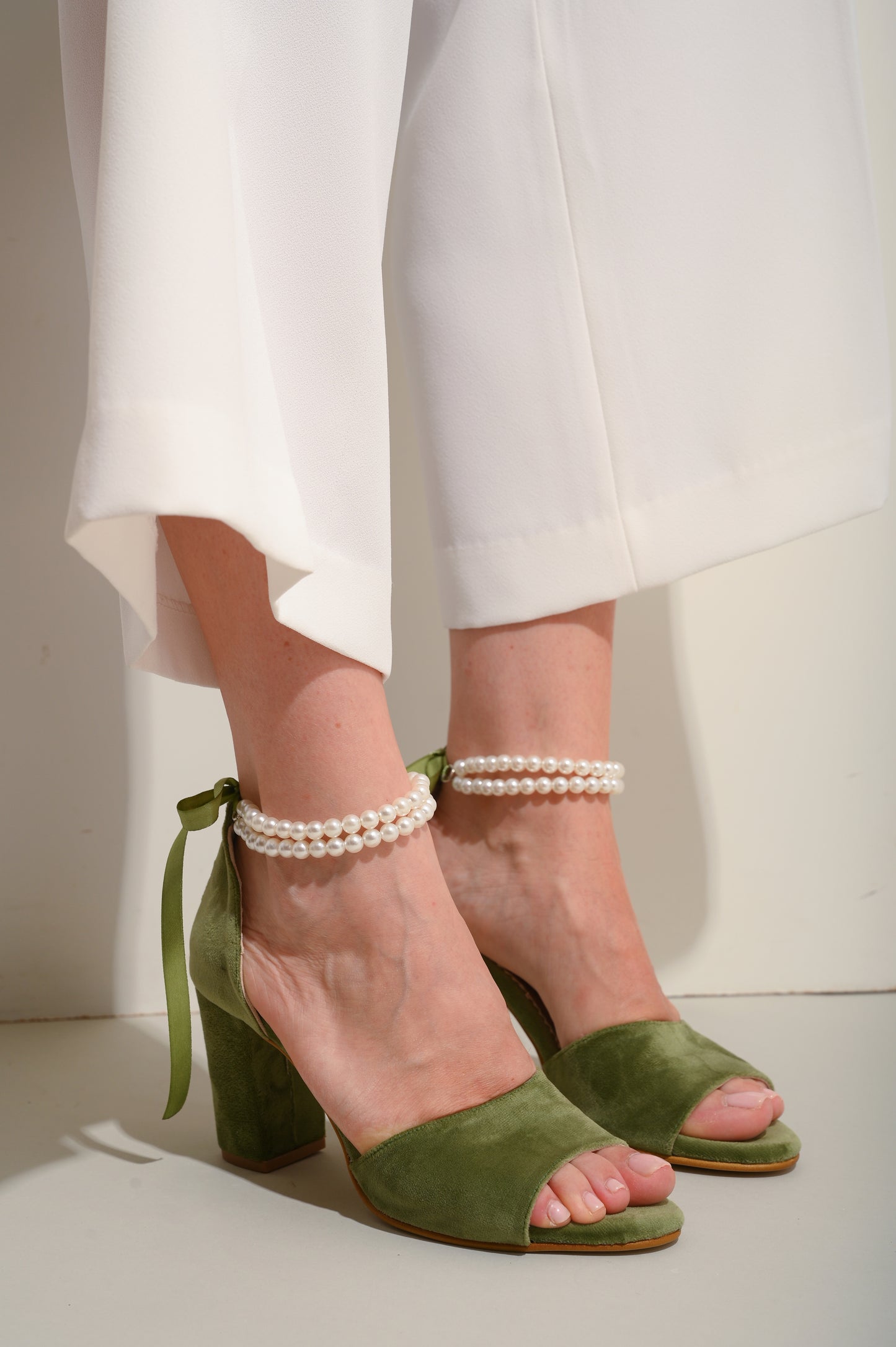 Sage Green Bridal Shoes, Pearl Velvet Bliss - PinkyPromiseAccs