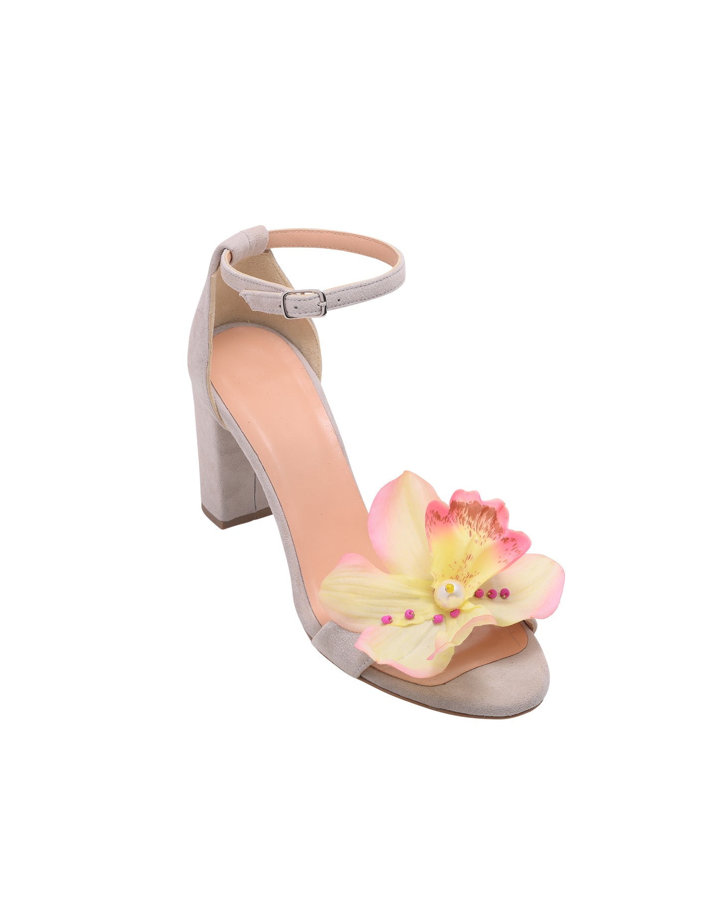 Beige Leather Flower Heels, Orchid - PinkyPromiseAccs