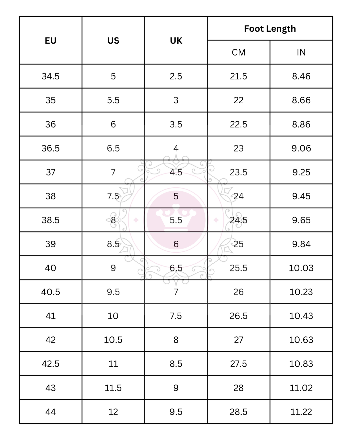 Size Chart (EU, US, UK & Foot Length) - PinkyPromiseAccs