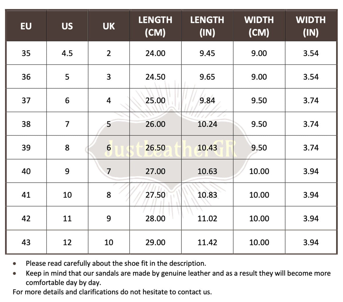 Size Chart (EU, US, UK & Foot Length) - PinkyPromiseAccs