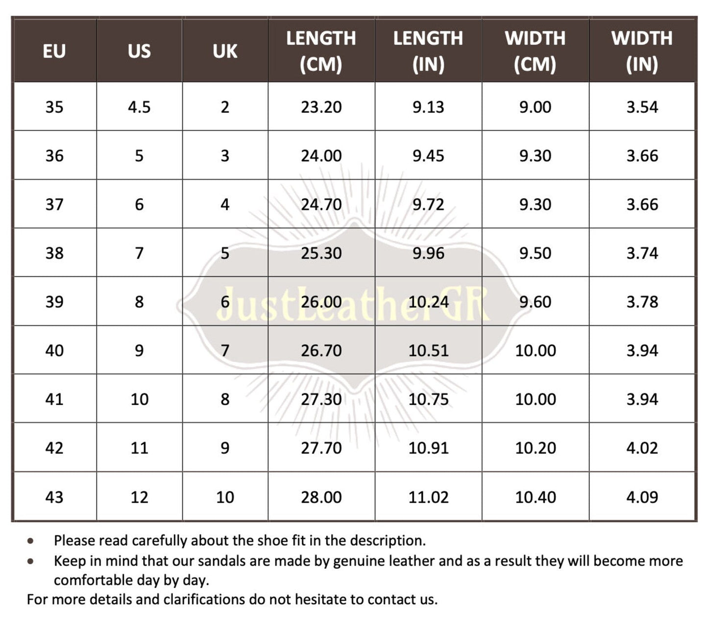 Size Chart (EU, US, UK & Foot Length) - PinkyPromiseAccs