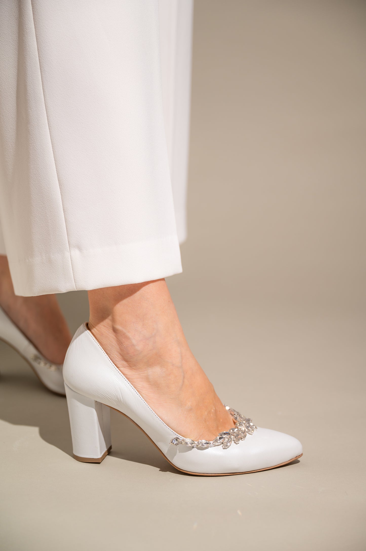 White Leather Bridal Shoes, Serene Heels - PinkyPromiseAccs