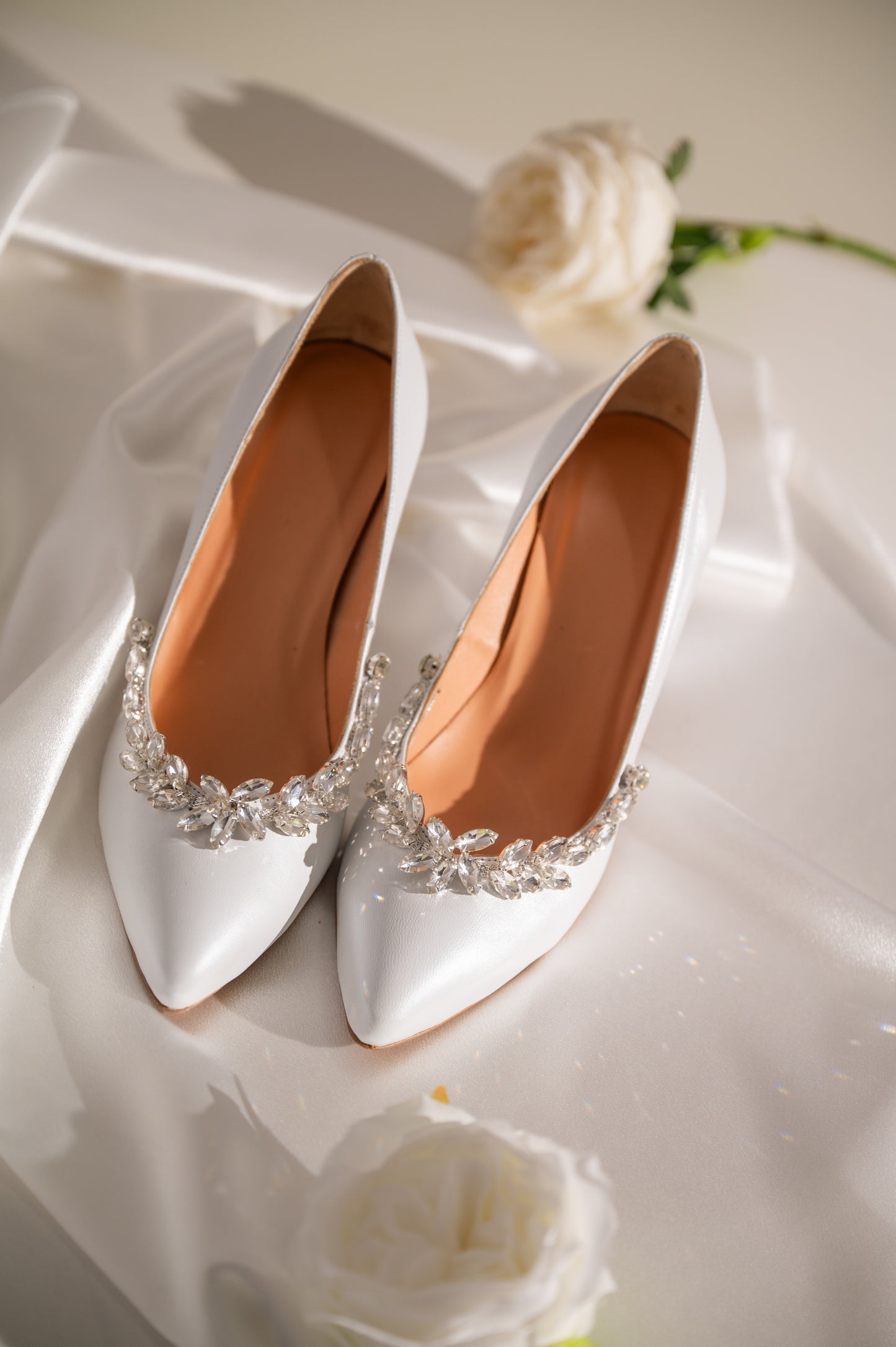 White Leather Bridal Shoes, Serene Heels - PinkyPromiseAccs