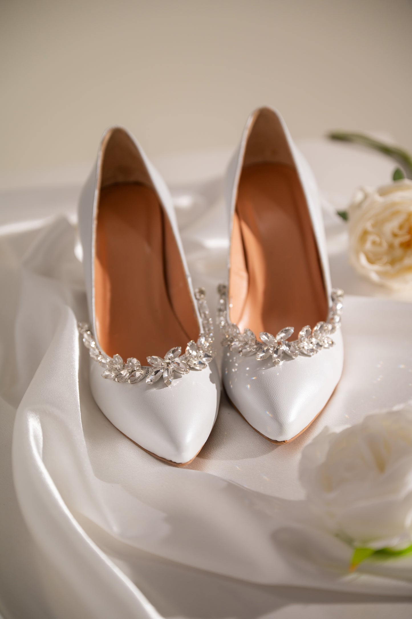 White Leather Bridal Shoes, Serene Heels - PinkyPromiseAccs