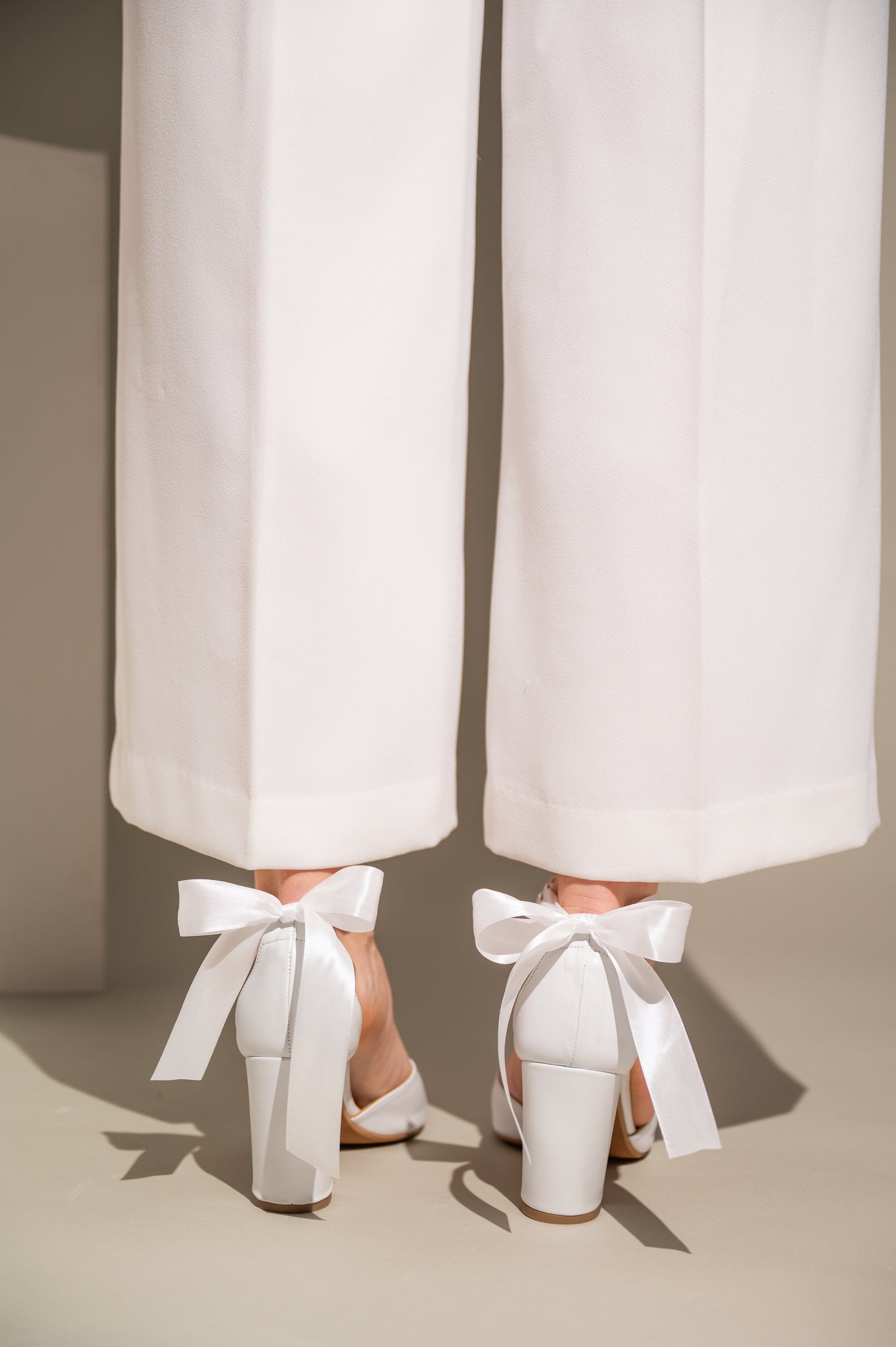White Wedding Leather Peep Toe Block Heel with Satin Back Bow, Heavenly Stride - PinkyPromiseAccs