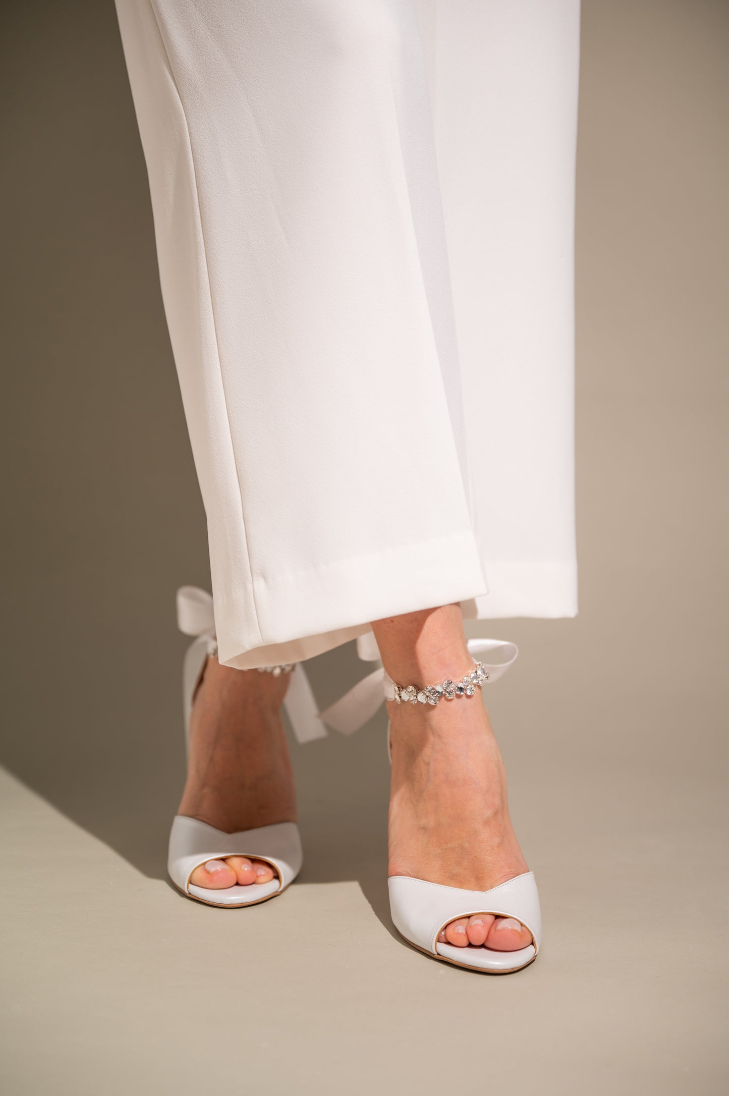 White Wedding Leather Peep Toe Block Heel with Satin Back Bow, Heavenly Stride - PinkyPromiseAccs