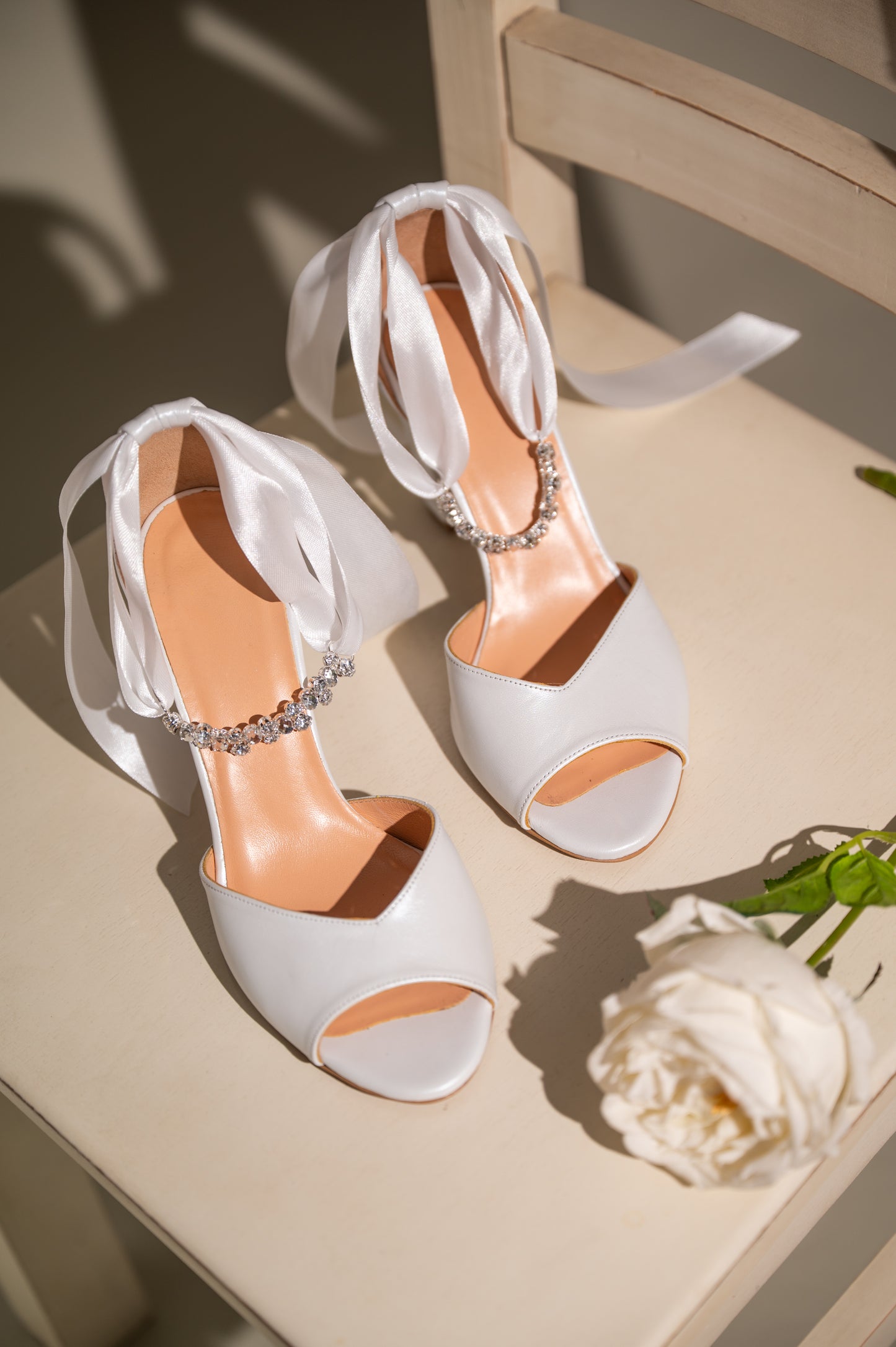 White Wedding Leather Peep Toe Block Heel with Satin Back Bow, Heavenly Stride - PinkyPromiseAccs