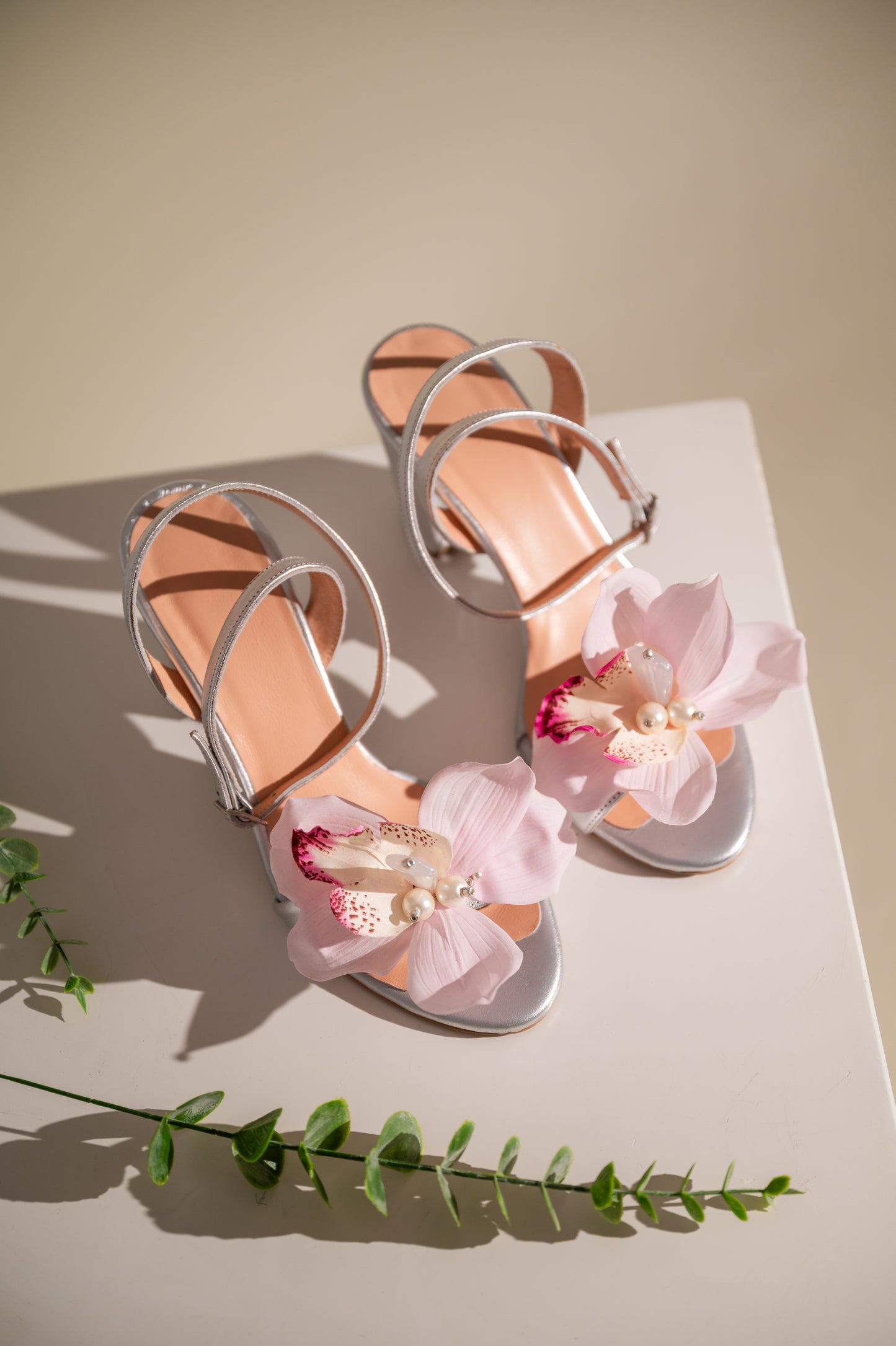 Silver Wedding Leather heels with Flower, Orchid - PinkyPromiseAccs
