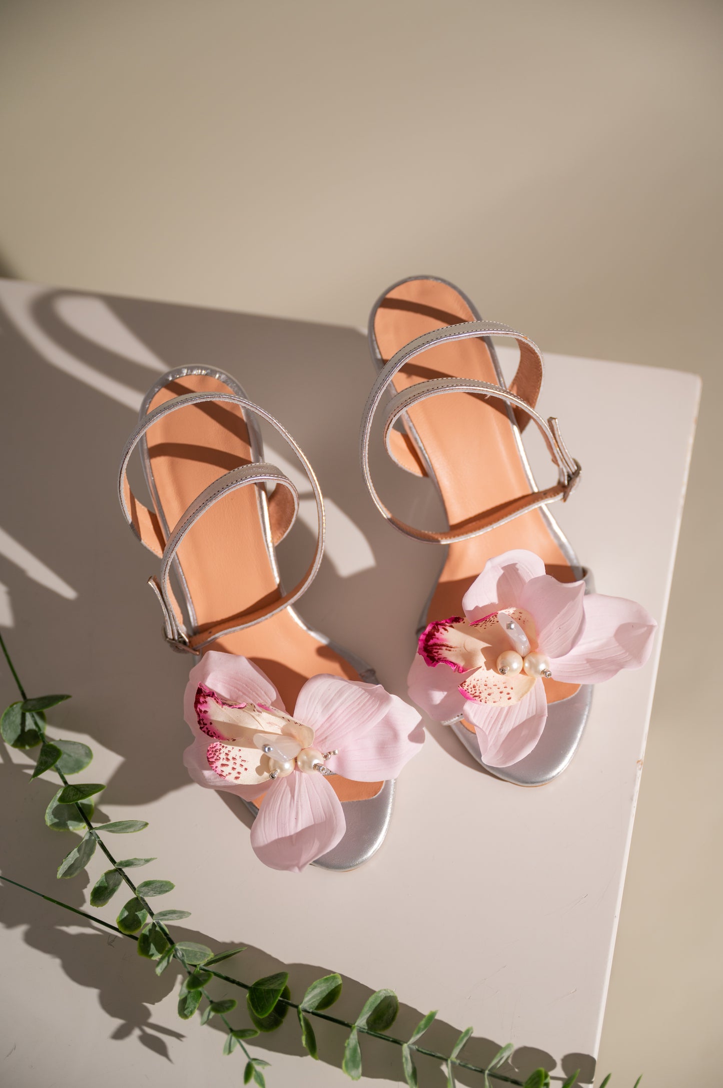 Silver Wedding Leather heels with Flower, Orchid - PinkyPromiseAccs