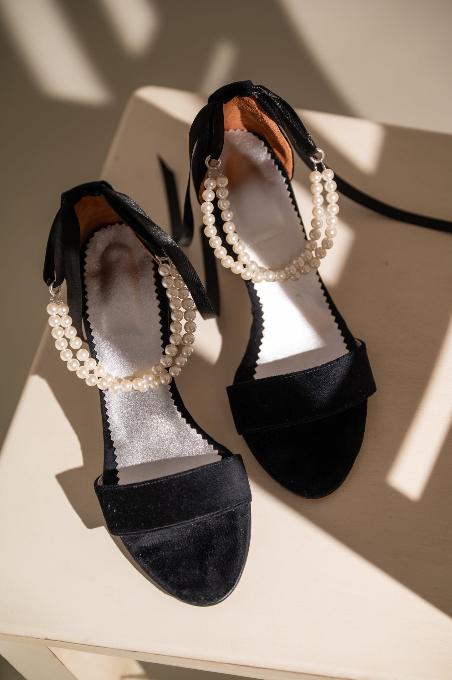 Black Velvet Wedding Shoes, Pearls in Velvet - PinkyPromiseAccs