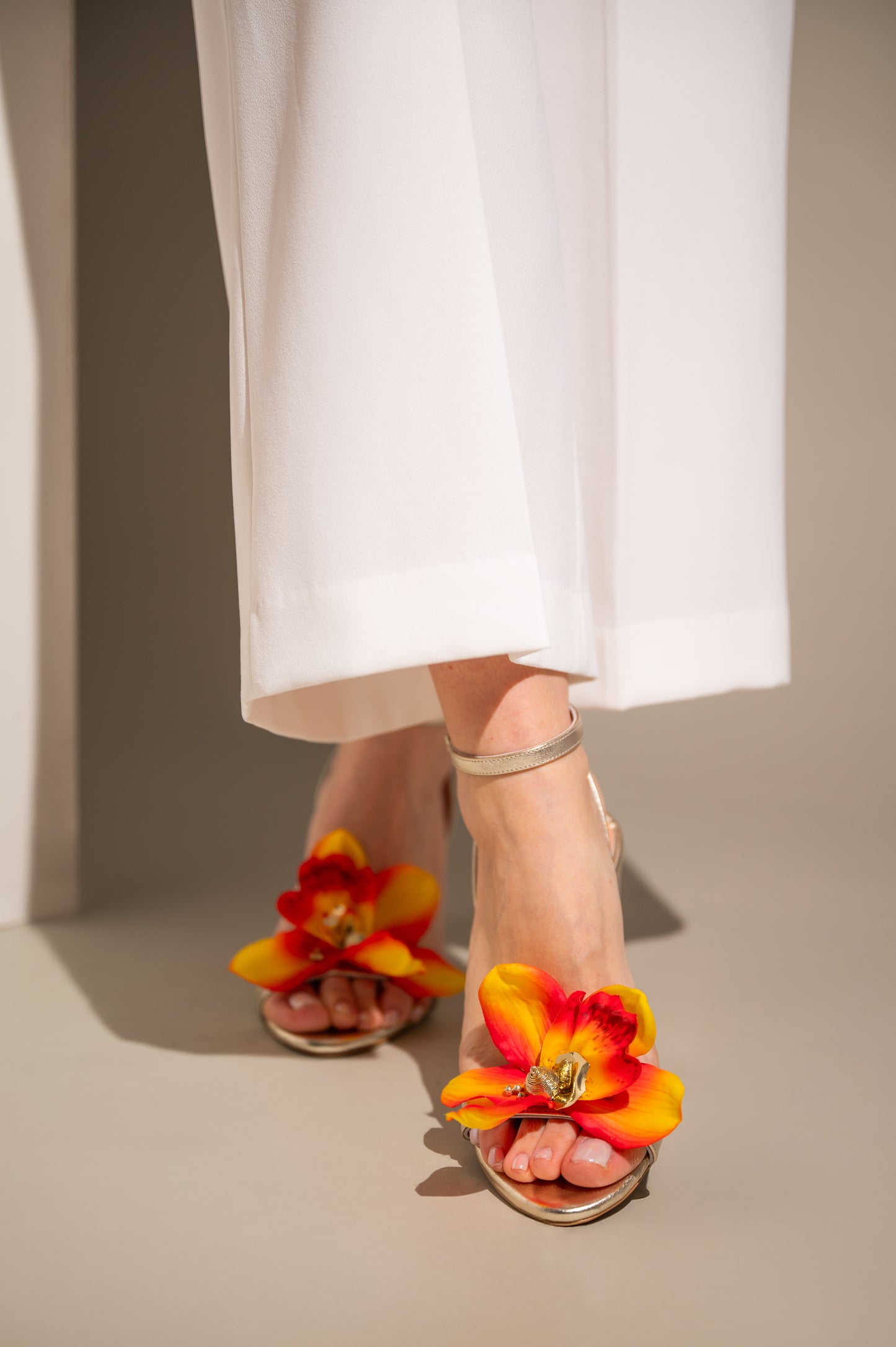 Gold Leather Block Heels with Flower, Orchid - PinkyPromiseAccs
