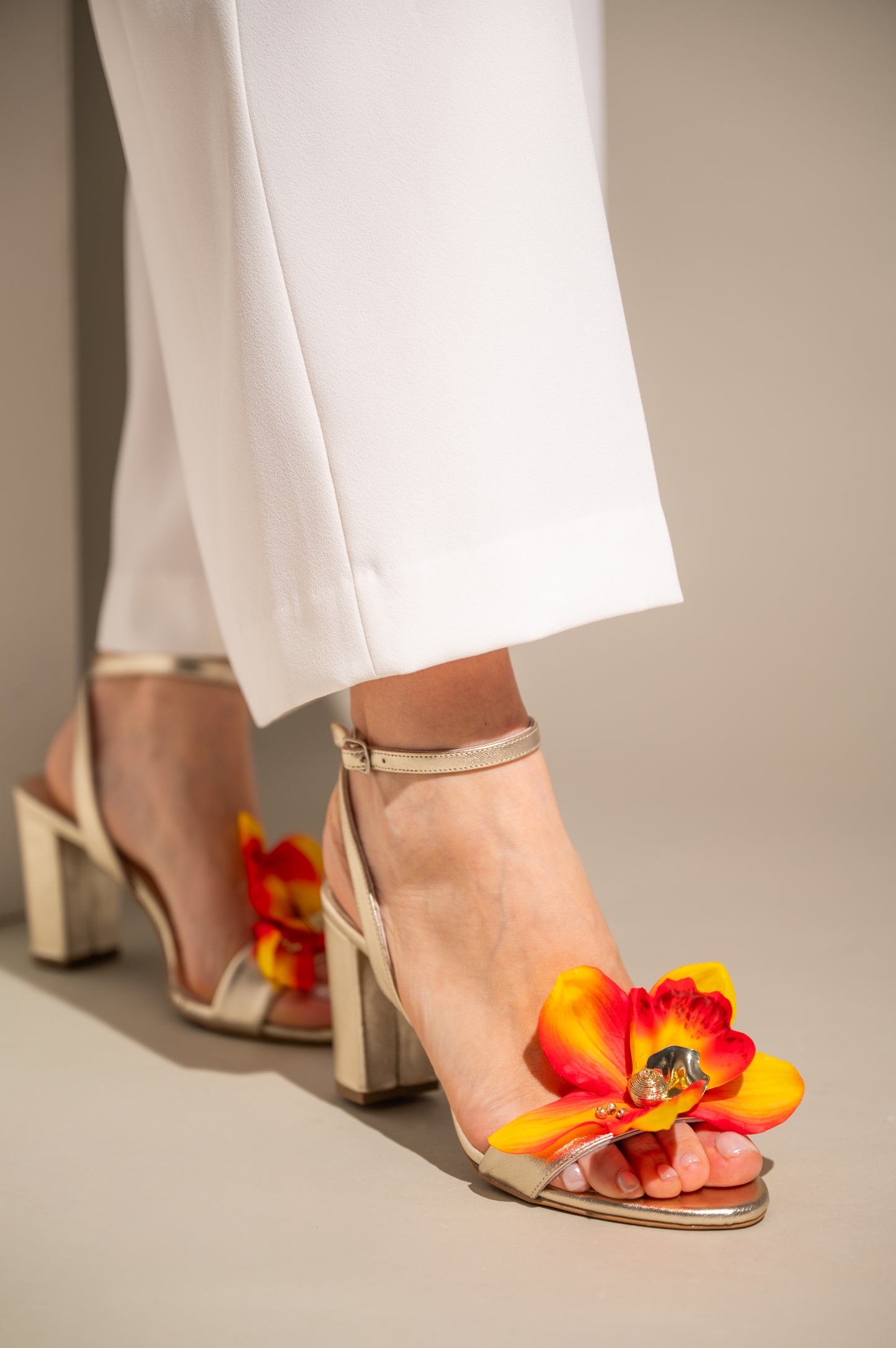 Gold Leather Block Heels with Flower, Orchid - PinkyPromiseAccs