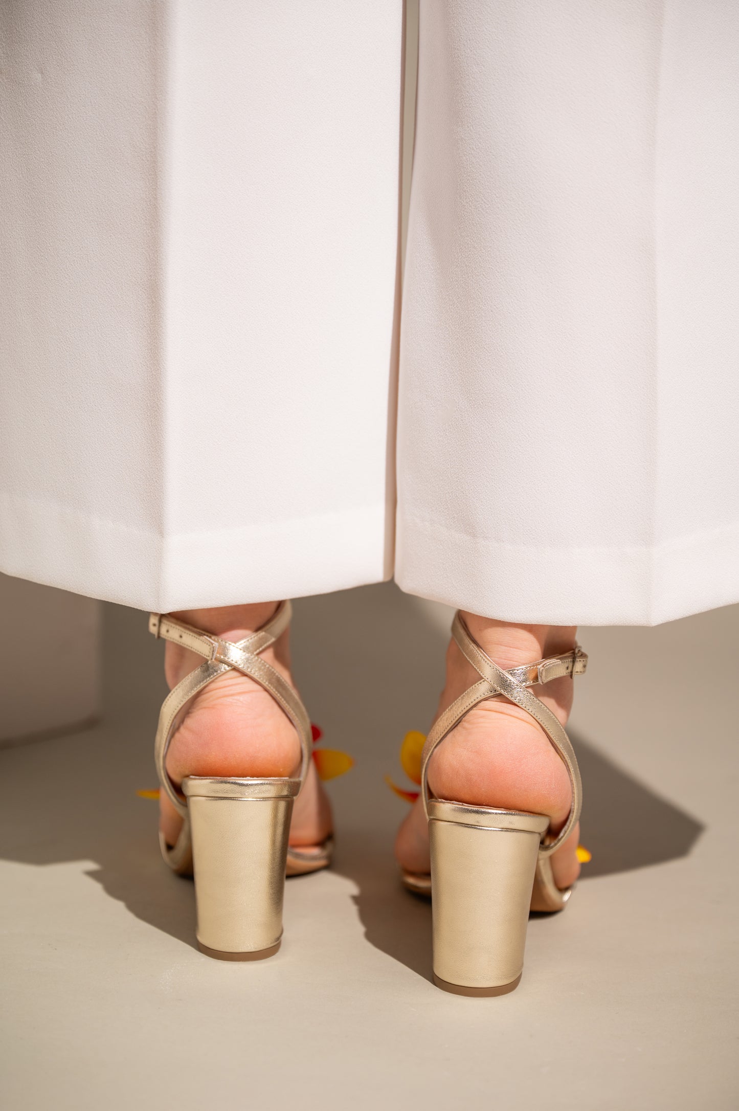Gold Leather Block Heels with Flower, Orchid - PinkyPromiseAccs