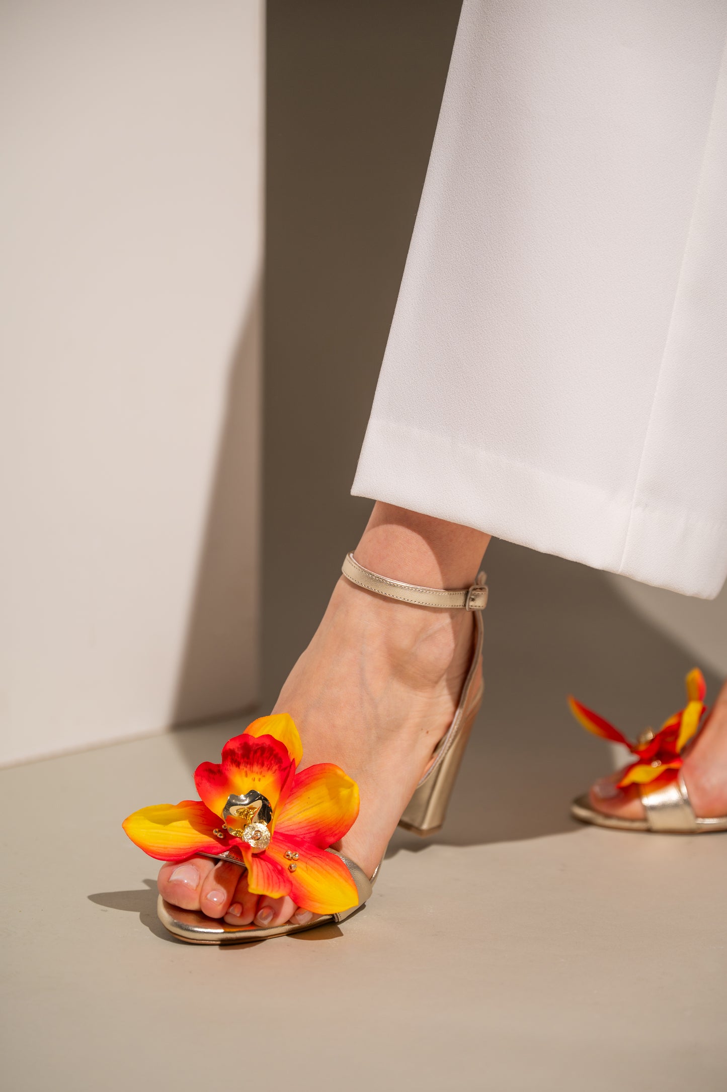 Gold Leather Block Heels with Flower, Orchid - PinkyPromiseAccs