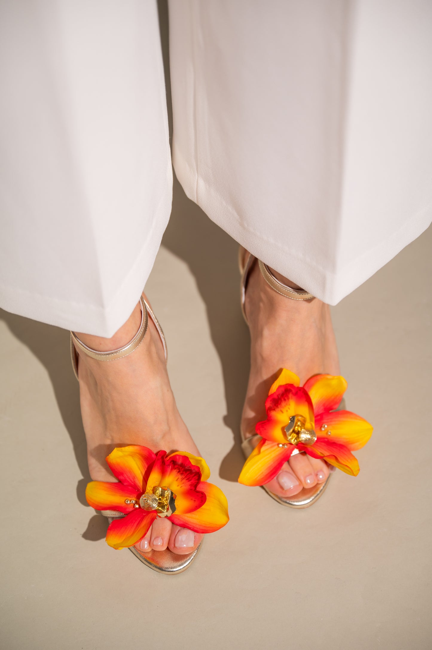 Gold Leather Block Heels with Flower, Orchid - PinkyPromiseAccs