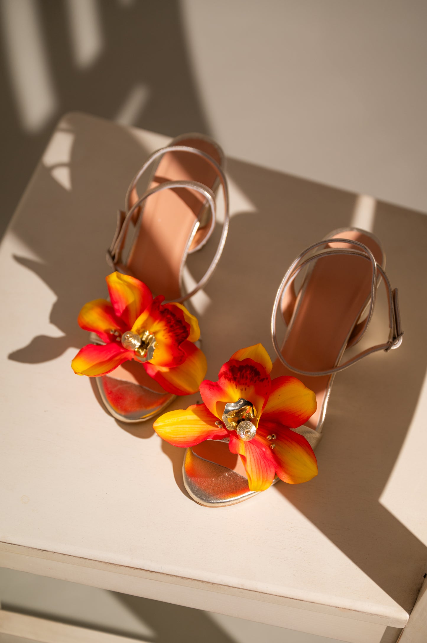 Gold Leather Block Heels with Flower, Orchid - PinkyPromiseAccs
