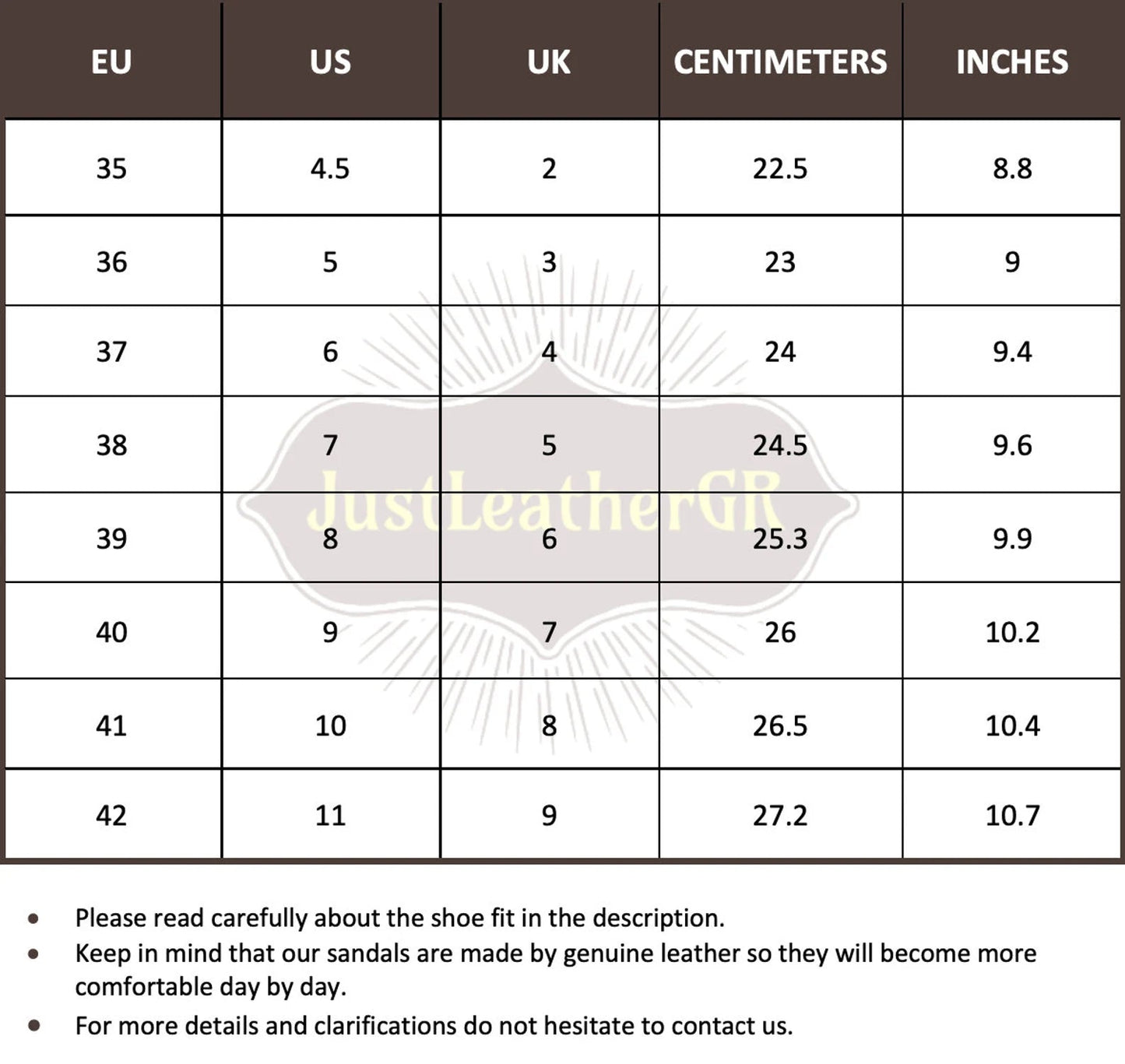 Size Chart (EU, US, UK & Foot Length) - PinkyPromiseAccs