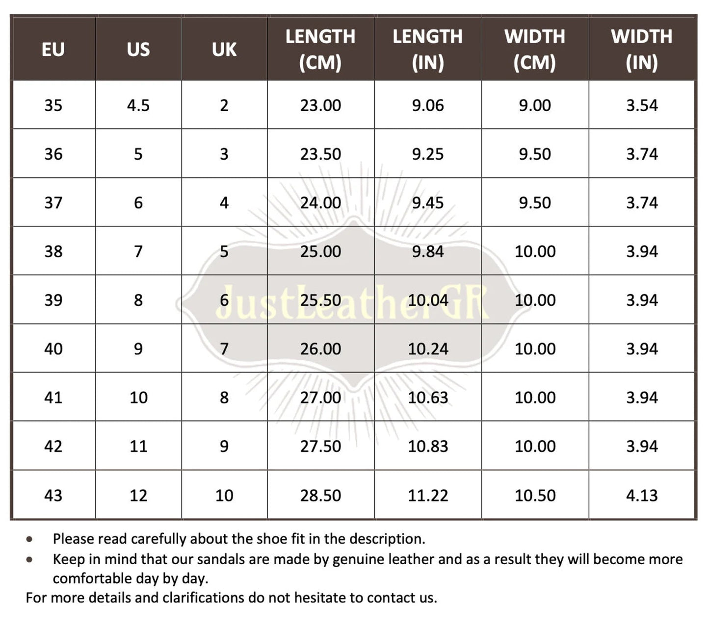 Size Chart (EU, US, UK & Foot Length) - PinkyPromiseAccs