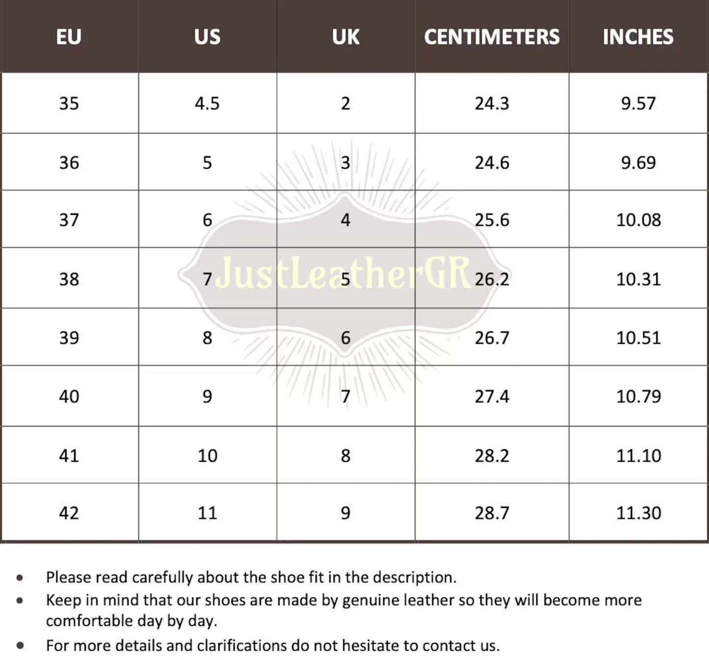 Size Chart (EU, US, UK & Foot Length) - PinkyPromiseAccs