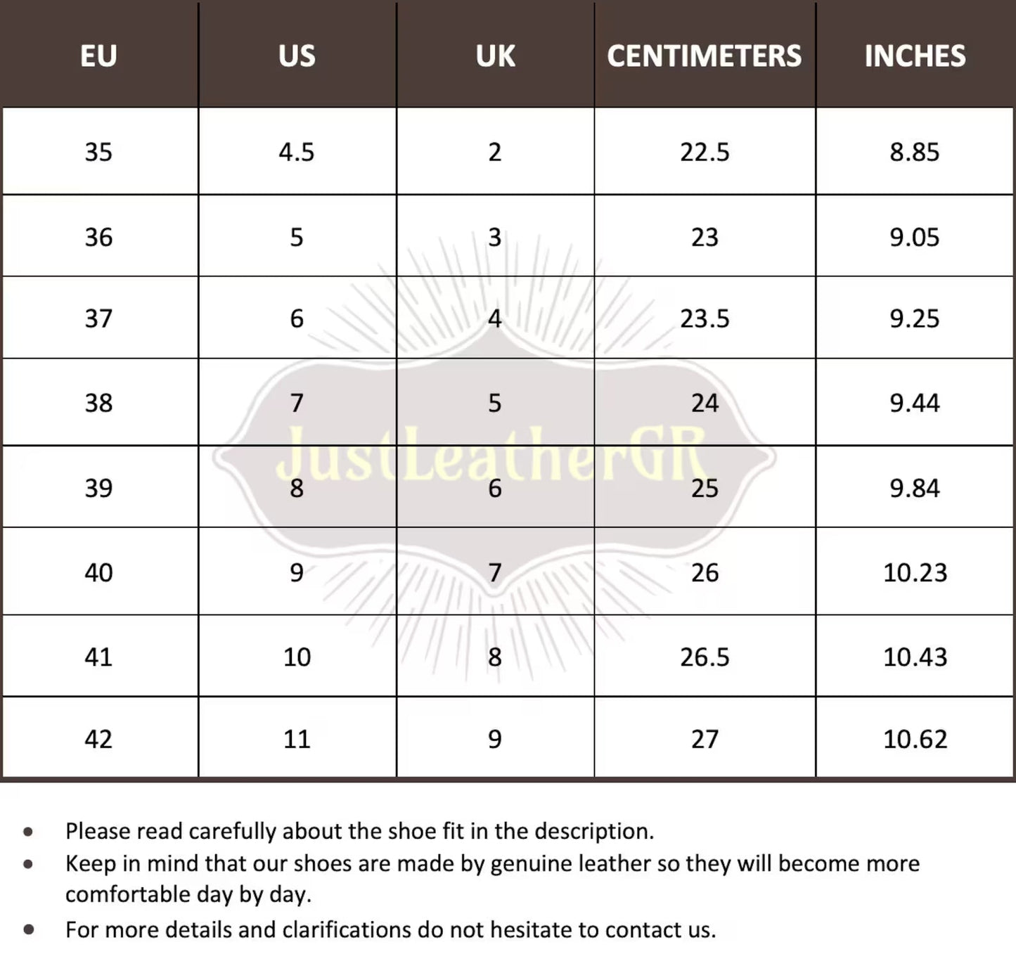 Size Chart (EU, US, UK & Foot Length) - PinkyPromiseAccs
