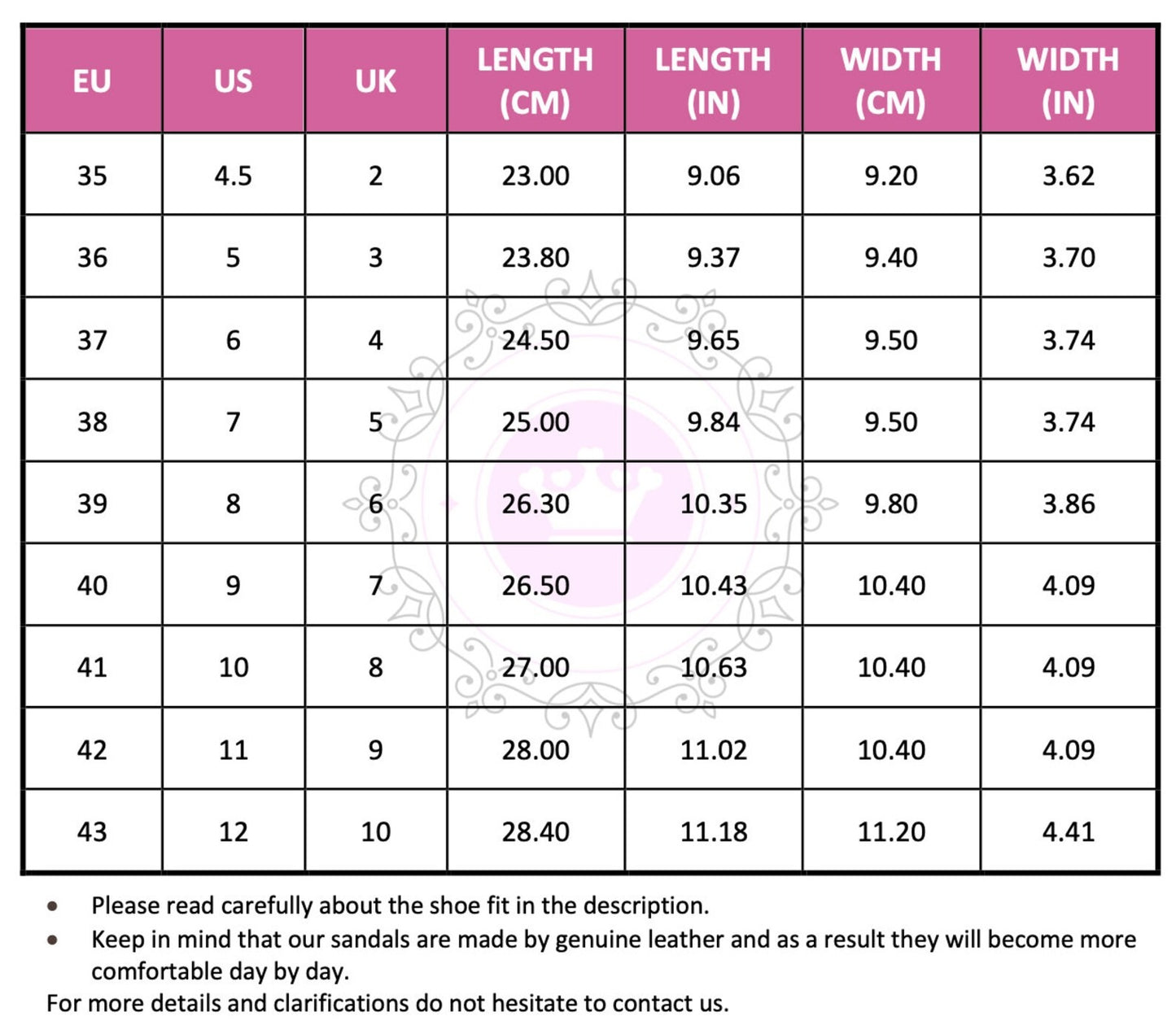 Size Chart (EU, US, UK & Foot Length) - PinkyPromiseAccs