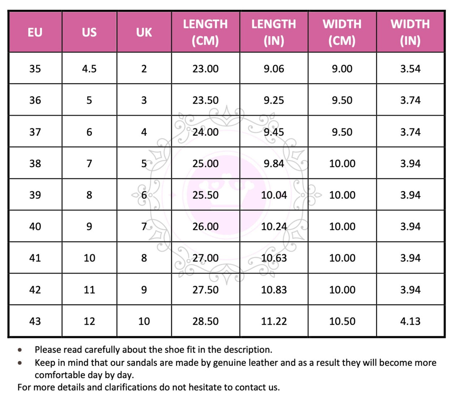 Size Chart (EU, US, UK & Foot Length) - PinkyPromiseAccs