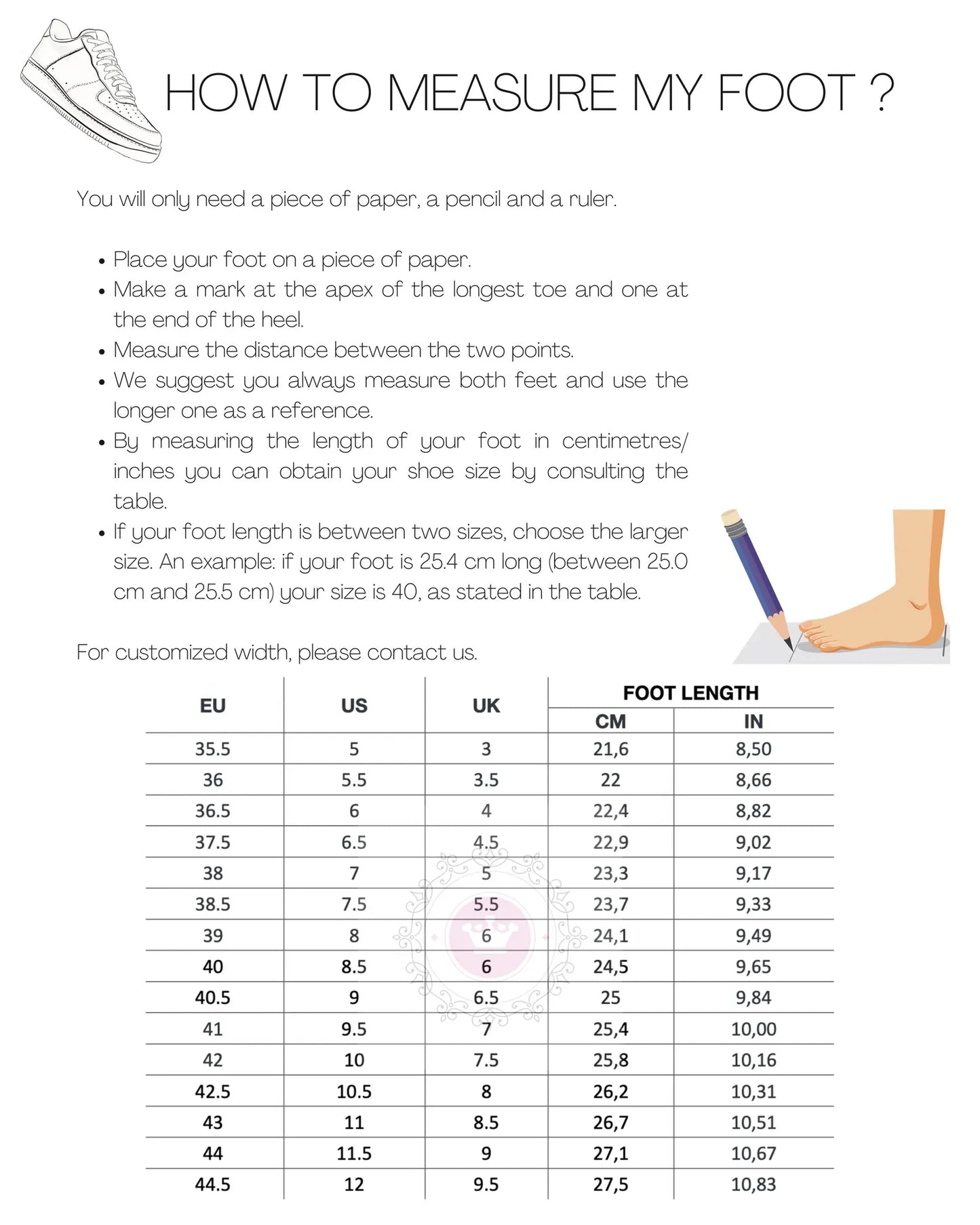 Size Chart (EU, US, UK & Foot Length) - PinkyPromiseAccs