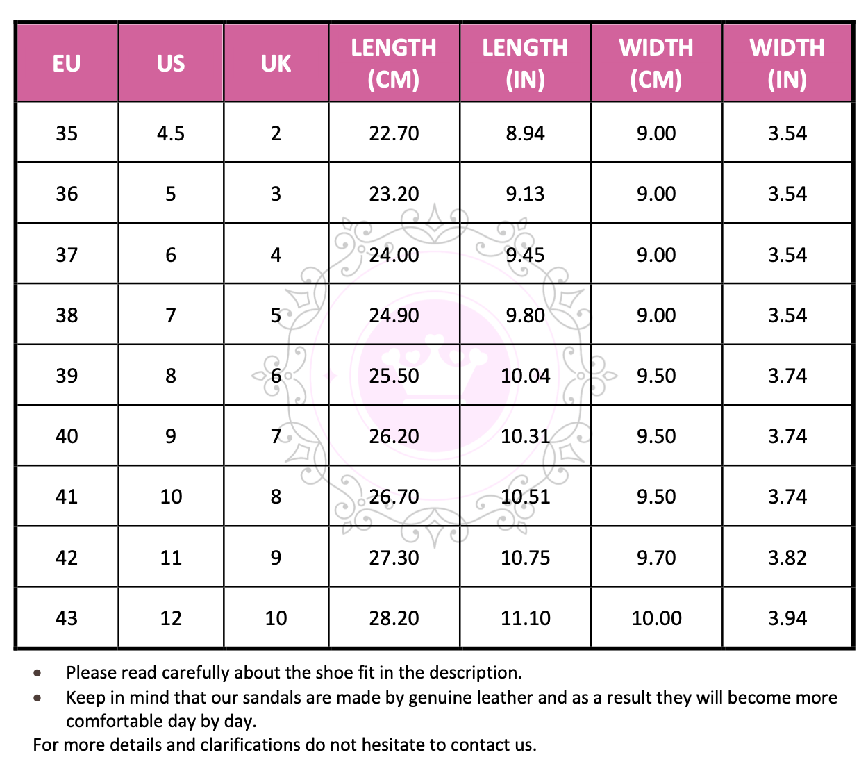 Size Chart (EU, US, UK & Foot Length) - PinkyPromiseAccs