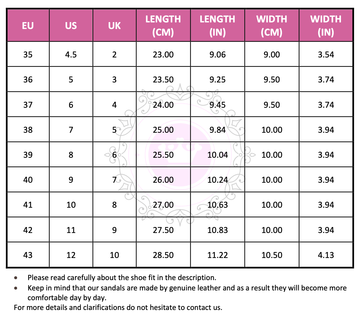 Size Chart (EU, US, UK & Foot Length) - PinkyPromiseAccs