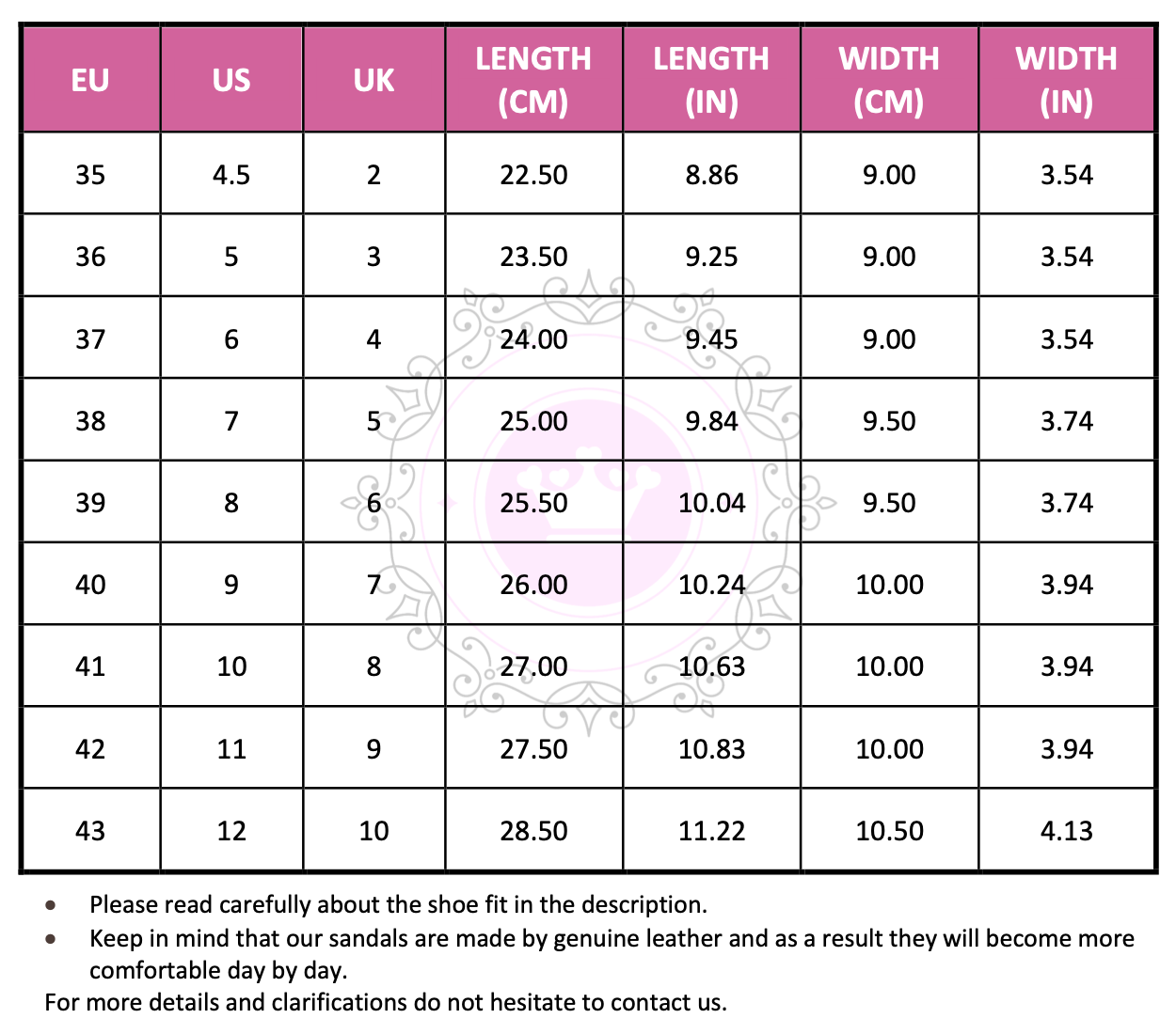 Size Chart (EU, US, UK & Foot Length) - PinkyPromiseAccs
