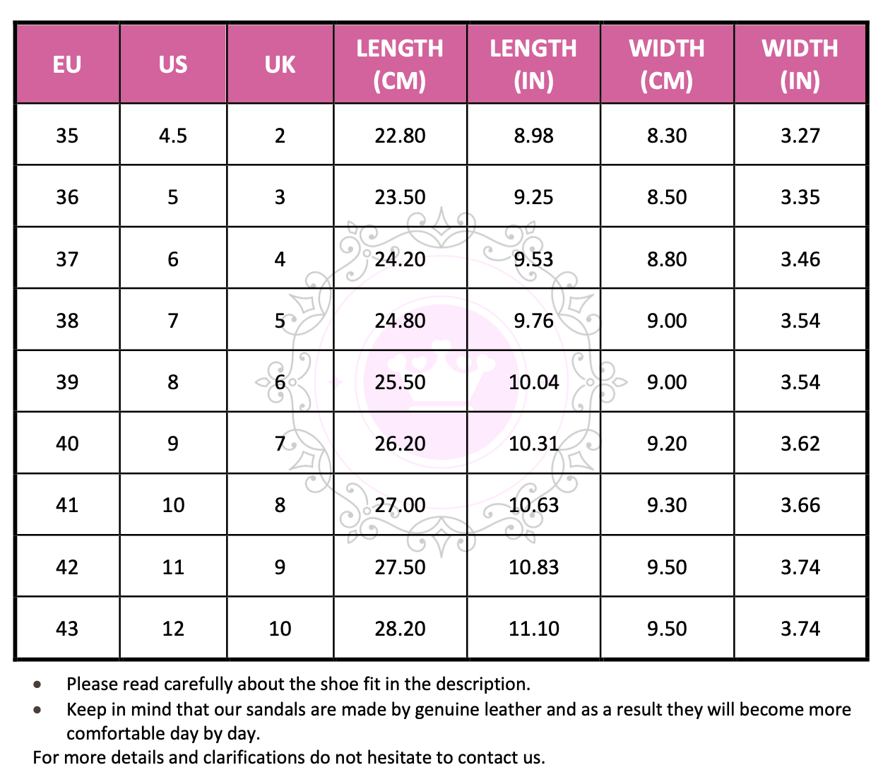 Size Chart (EU, US, UK & Foot Length) - PinkyPromiseAccs