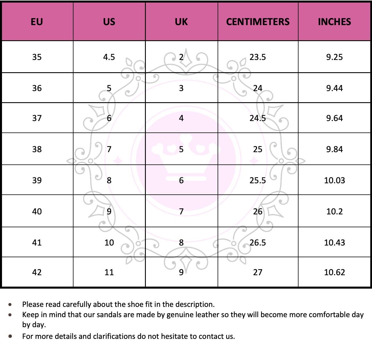 Size Chart (EU, US, UK & Foot Length) - PinkyPromiseAccs