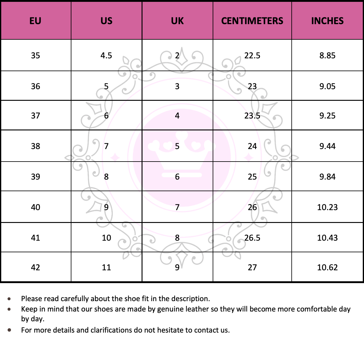 Size Chart (EU, US, UK & Foot Length) - PinkyPromiseAccs