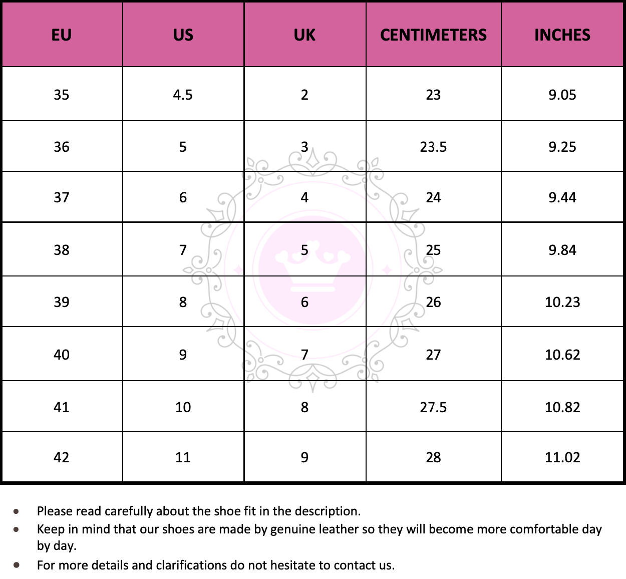 Size Chart (EU, US, UK & Foot Length) - PinkyPromiseAccs