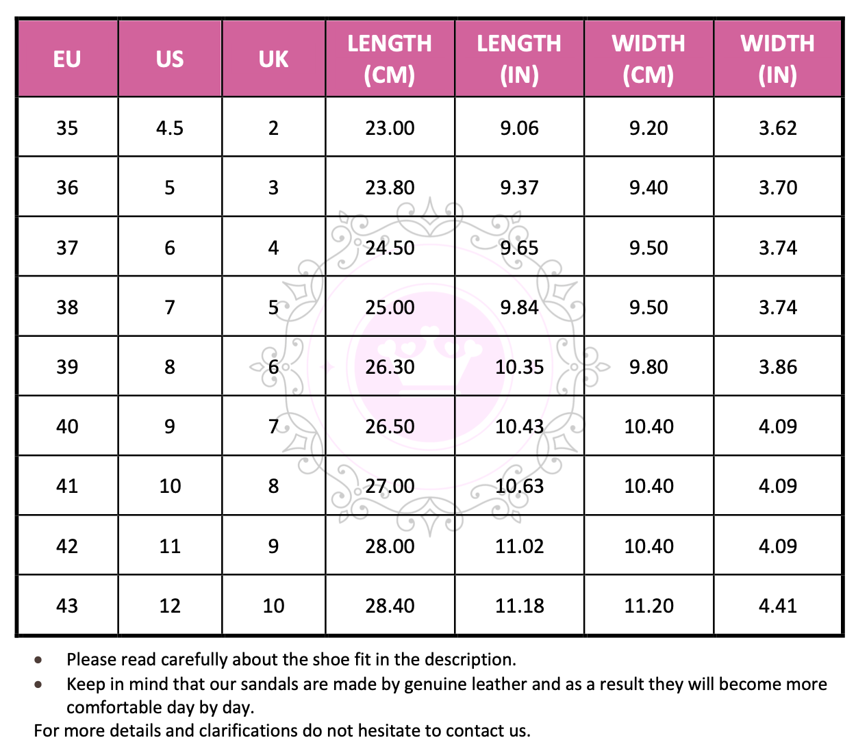 Size Chart (EU, US, UK & Foot Length) - PinkyPromiseAccs