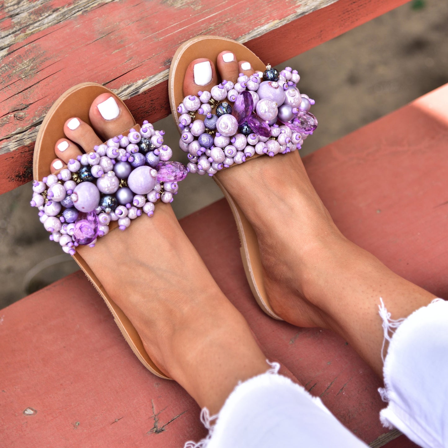 purple sandals, leather sandals, bohemian sandals with lilac beads