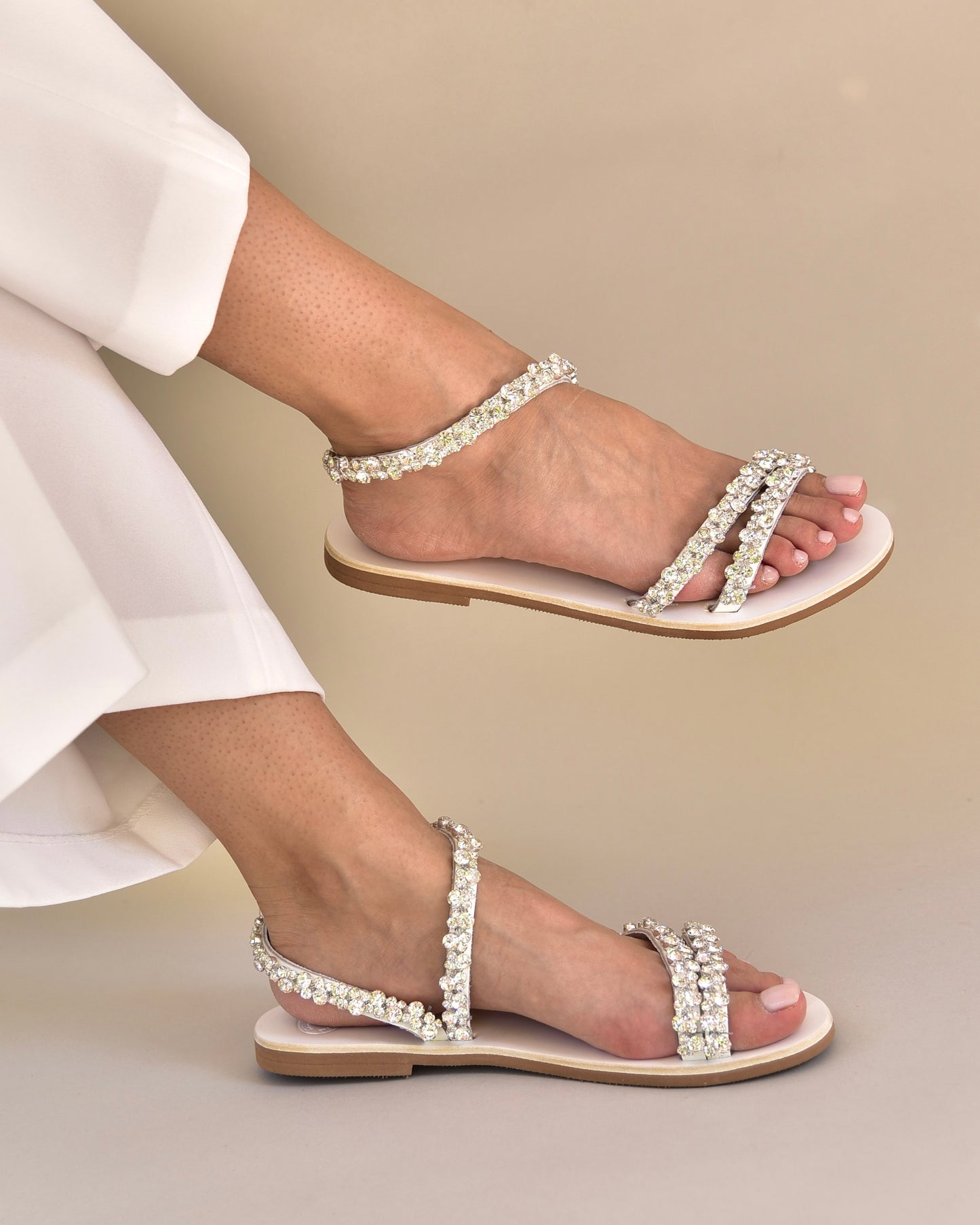 White Leather Wedding Sandals, Diamond Loop - PinkyPromiseAccs