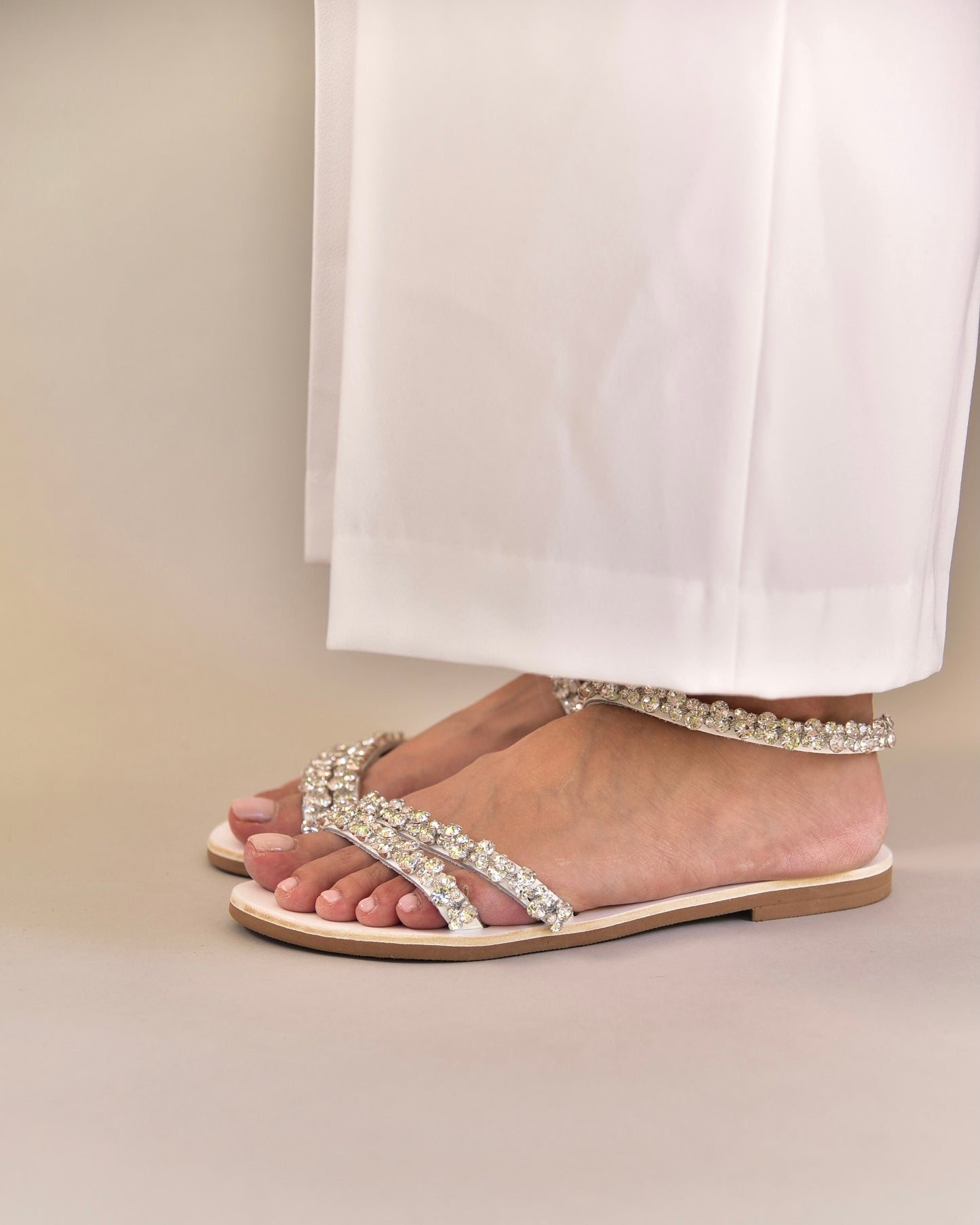 White Leather Wedding Sandals, Diamond Loop - PinkyPromiseAccs