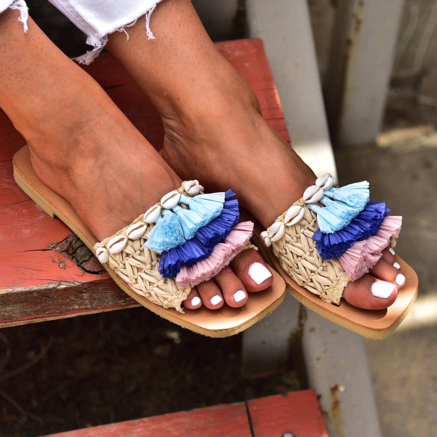 women's slide sandals, raffia sandals