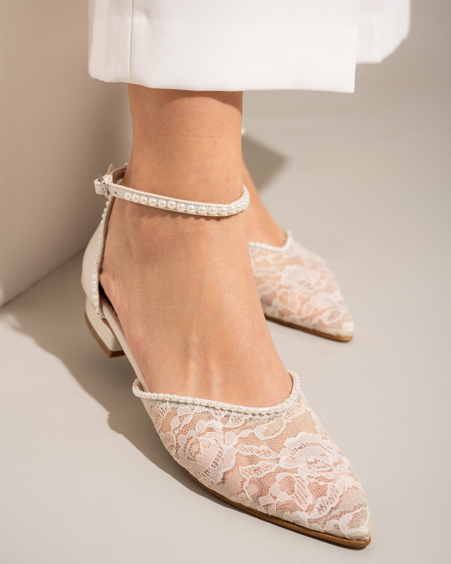 Pointy Toe Ankle Strap Lace Ballerina Wedding Shoes Luxury Bridal