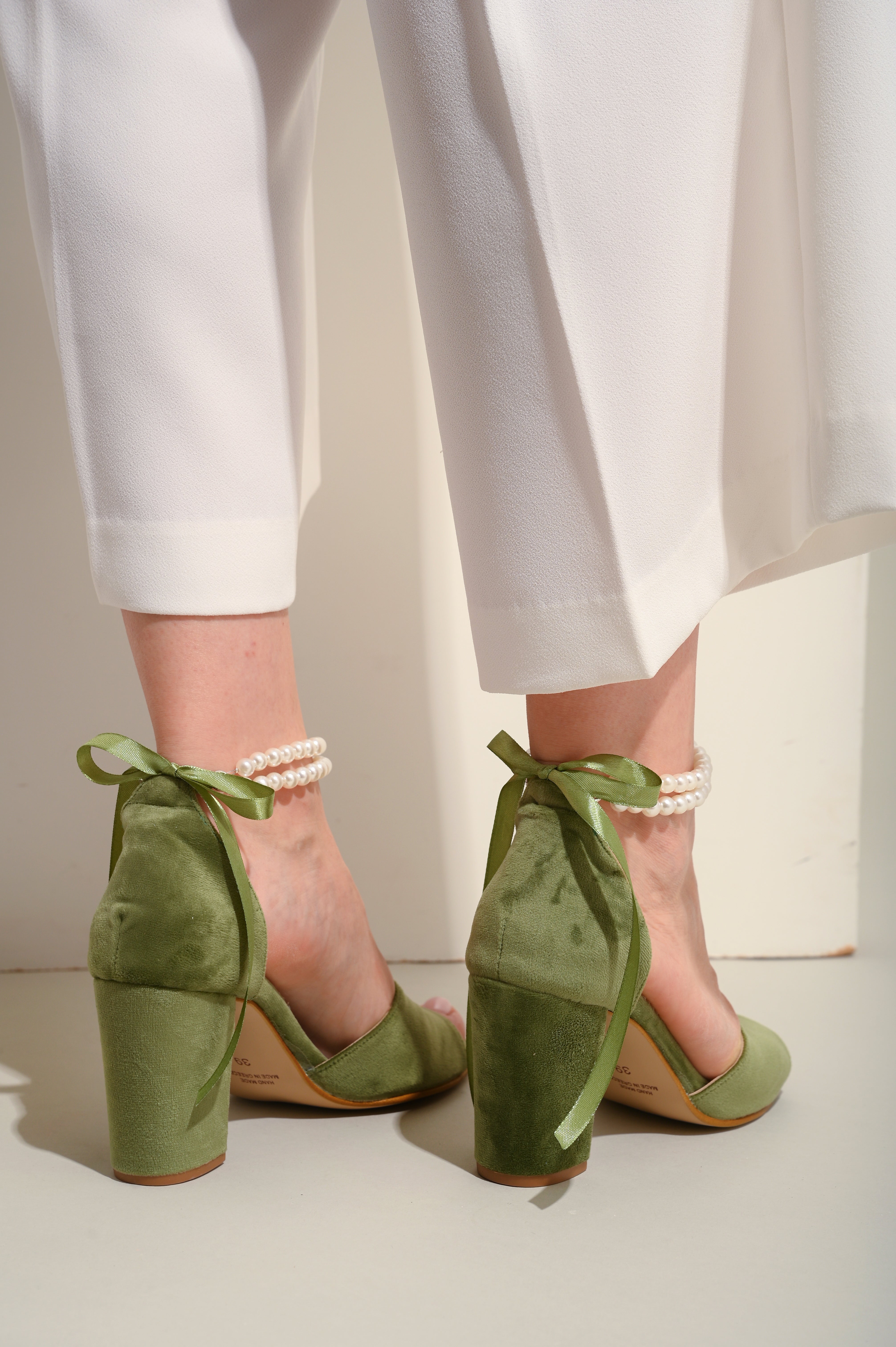 Sage Green Velvet Block Heels - Pearl Velvet Bliss