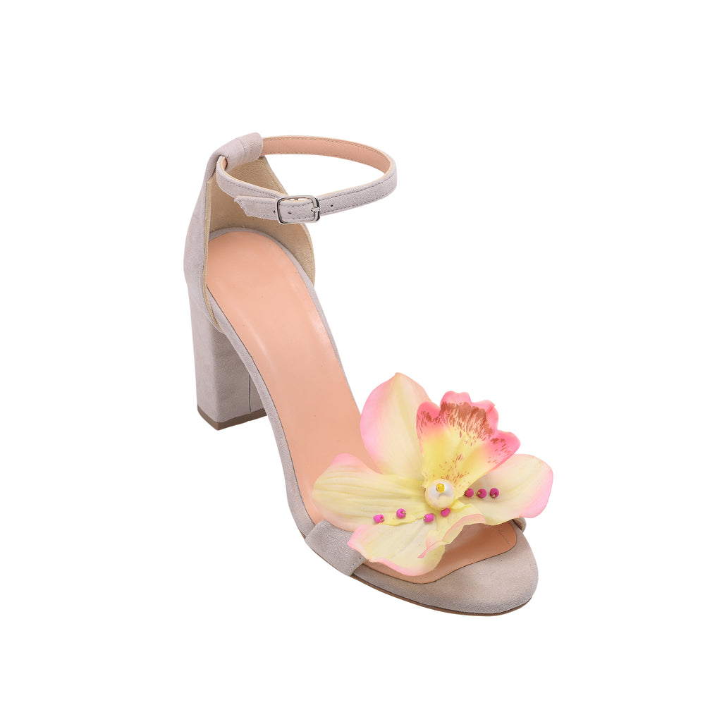 
                  
                    Beige Leather Flower Heels, Orchid
                  
                