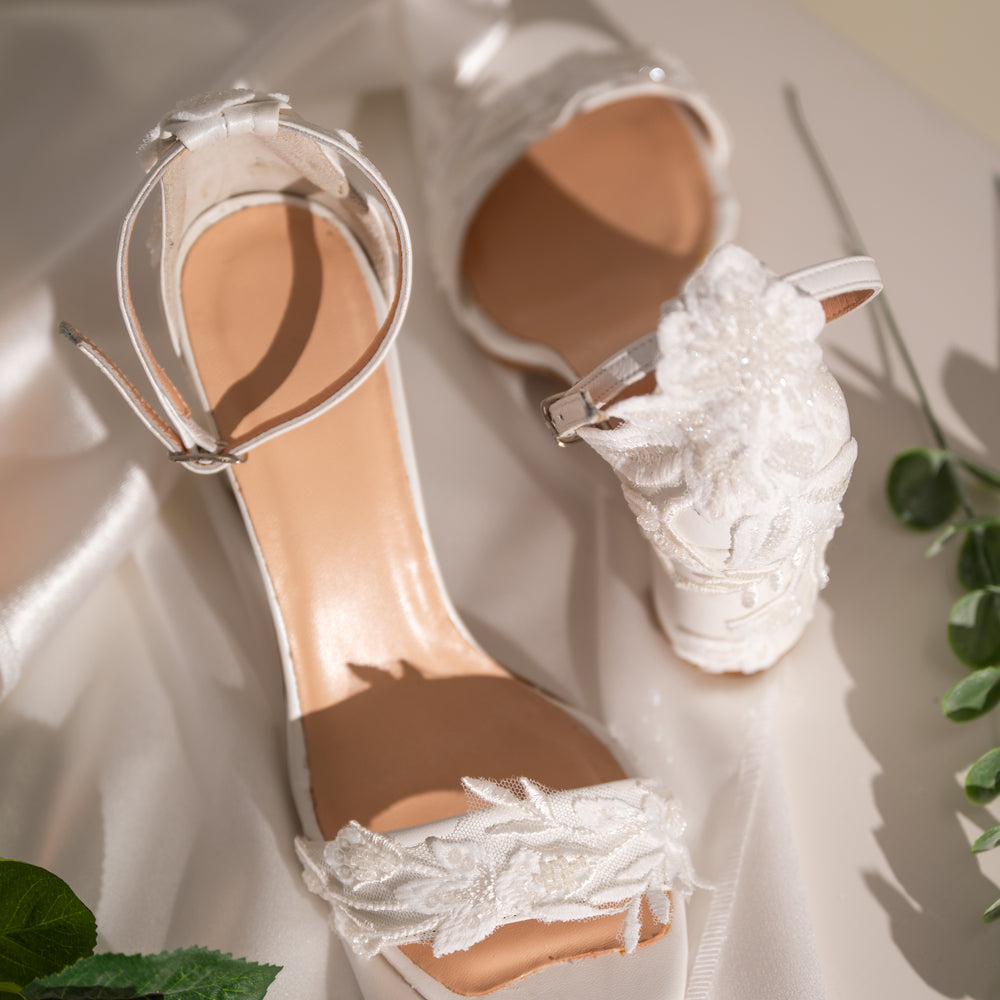 
                  
                    Wedding Block Heel with Floral Lace Back, Fleur Heels
                  
                