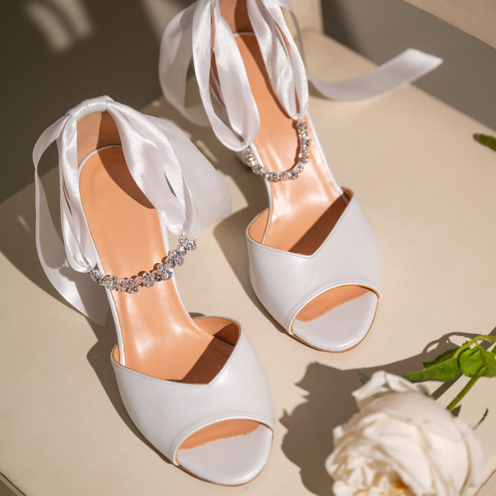 
                  
                    White Wedding Leather Peep Toe Block Heel with Satin Back Bow, Heavenly Stride
                  
                